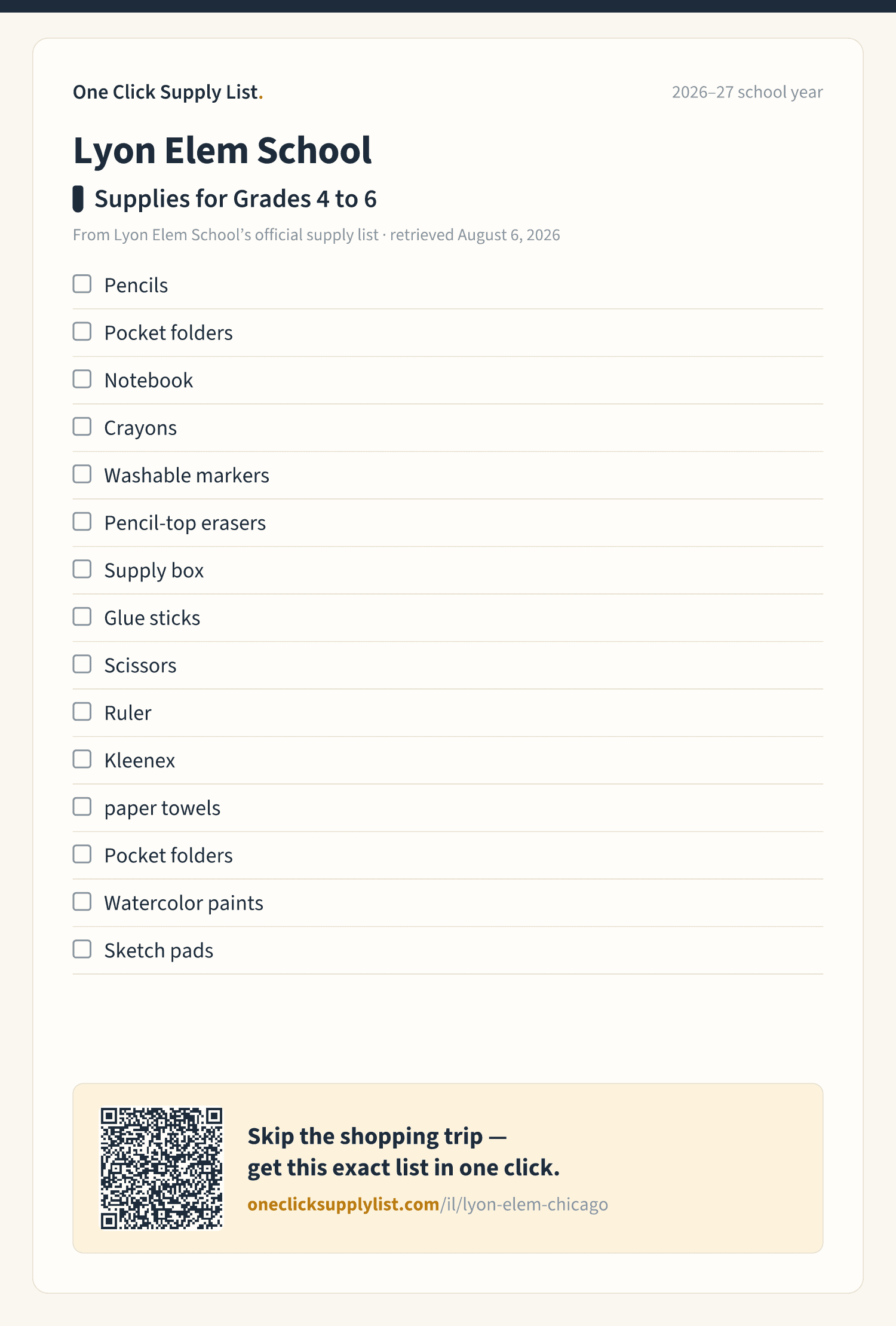 Lyon Elem School Supplies for Grades 4 to 6 supply list — printable image