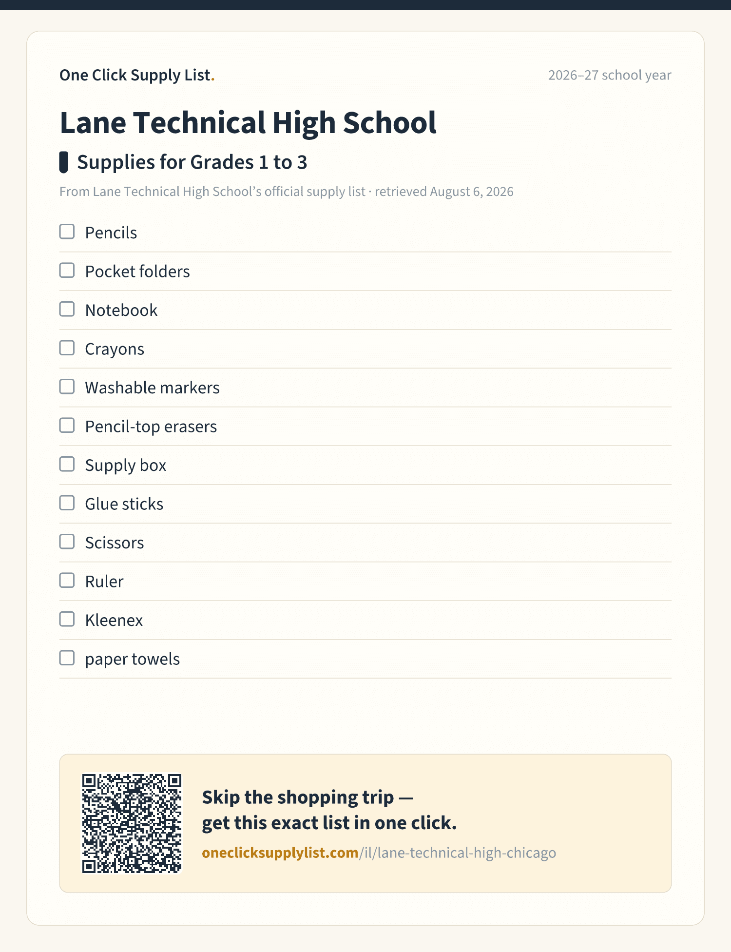 Lane Technical High School Supplies for Grades 1 to 3 supply list — printable image