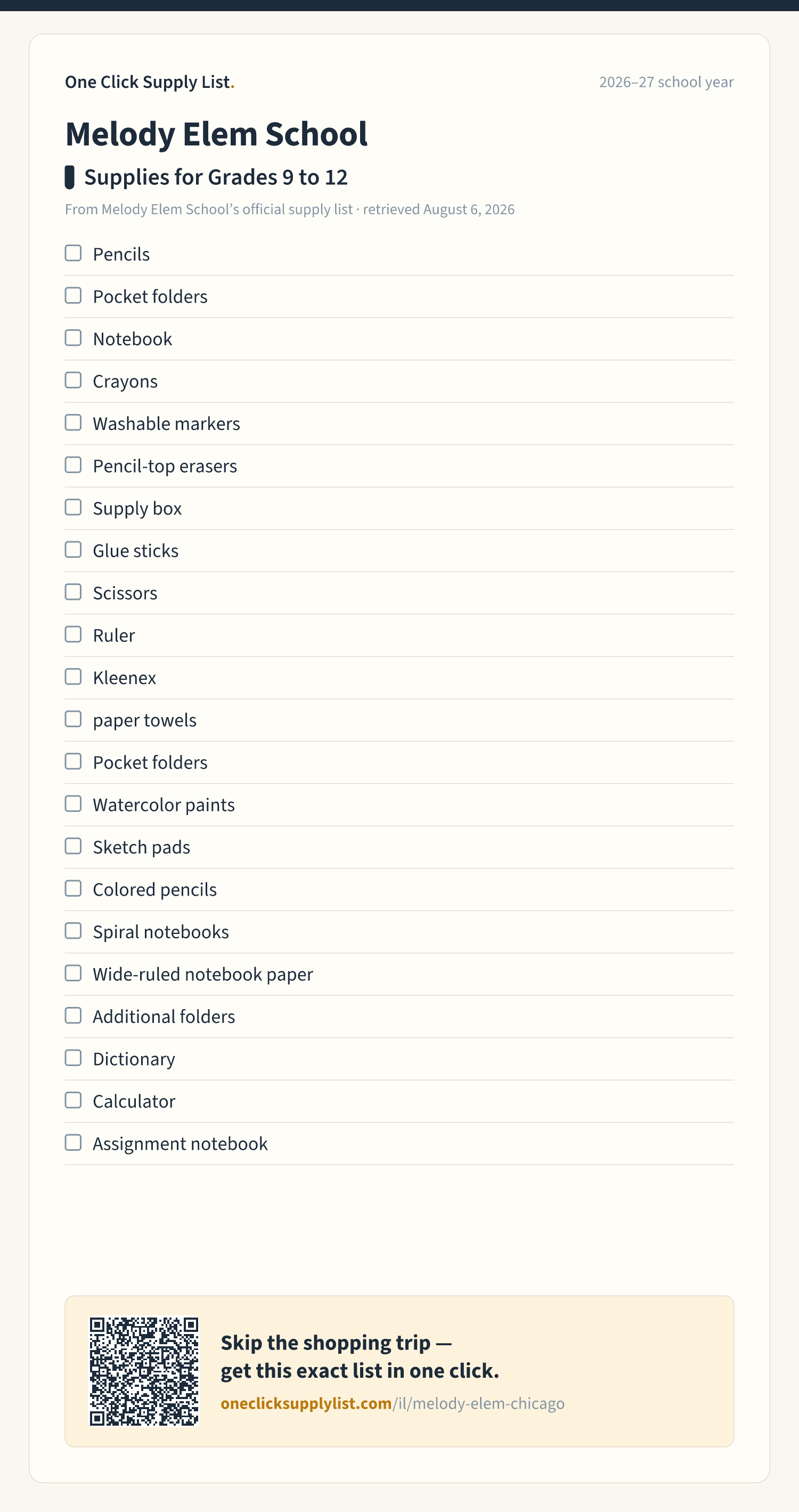 Melody Elem School Supplies for Grades 9 to 12 supply list — printable image