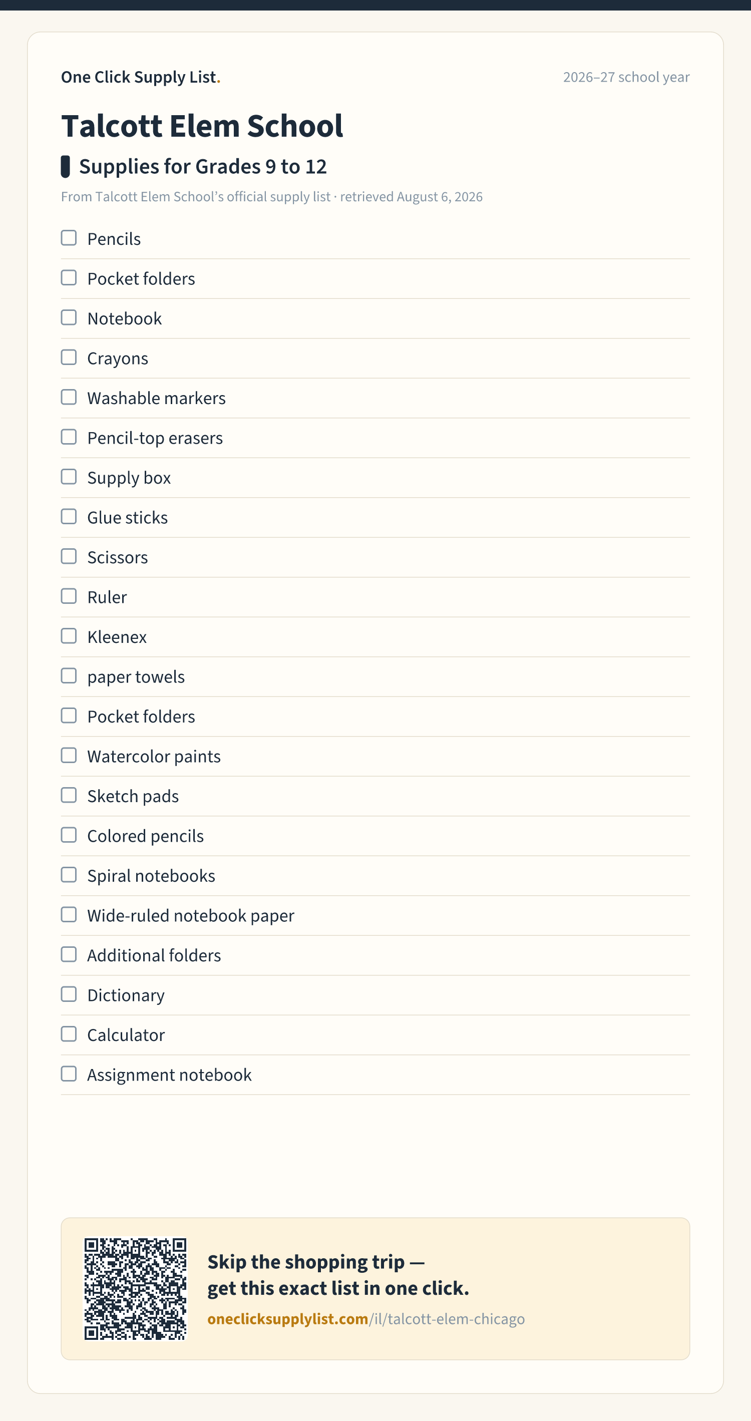 Talcott Elem School Supplies for Grades 9 to 12 supply list — printable image