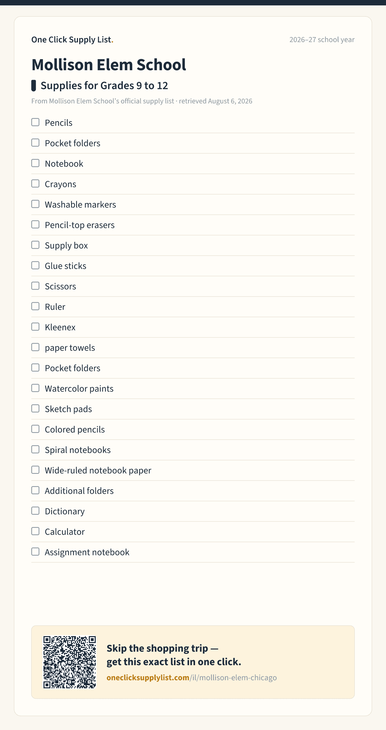Mollison Elem School Supplies for Grades 9 to 12 supply list — printable image
