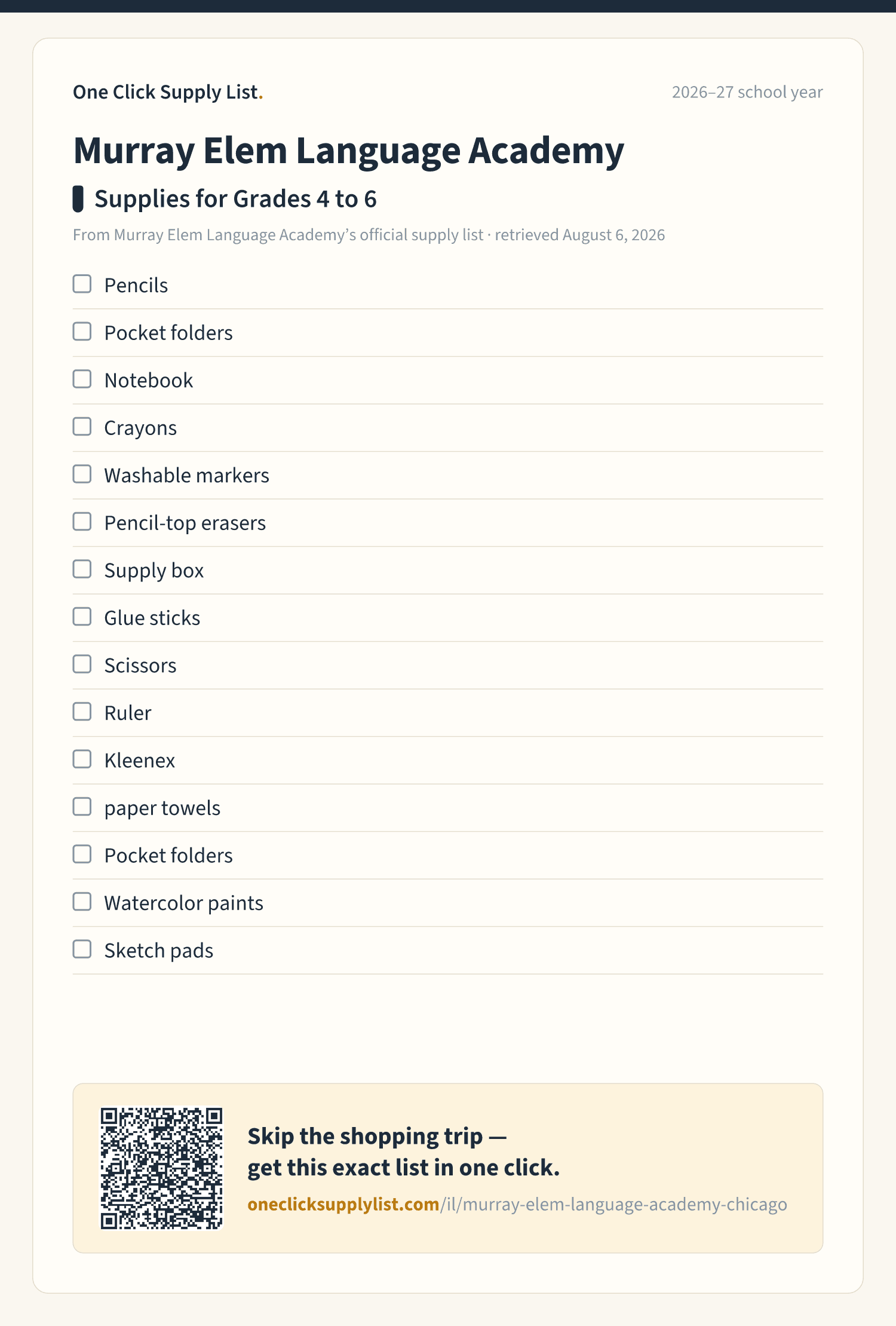 Murray Elem Language Academy Supplies for Grades 4 to 6 supply list — printable image