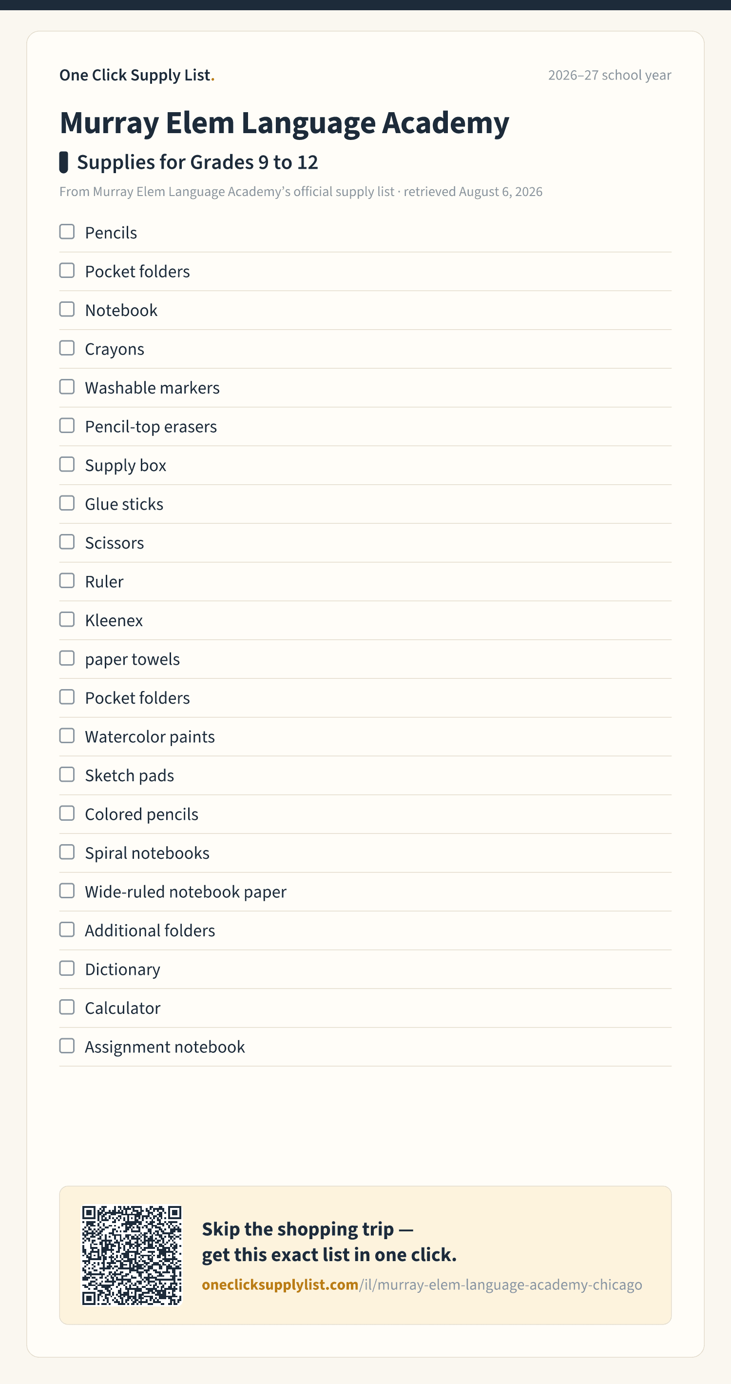 Murray Elem Language Academy Supplies for Grades 9 to 12 supply list — printable image