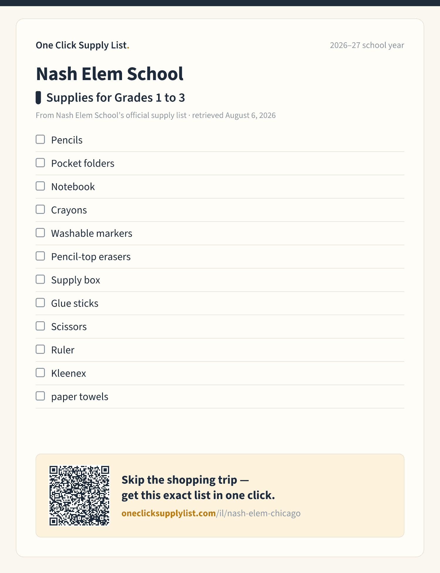 Nash Elem School Supplies for Grades 1 to 3 supply list — printable image