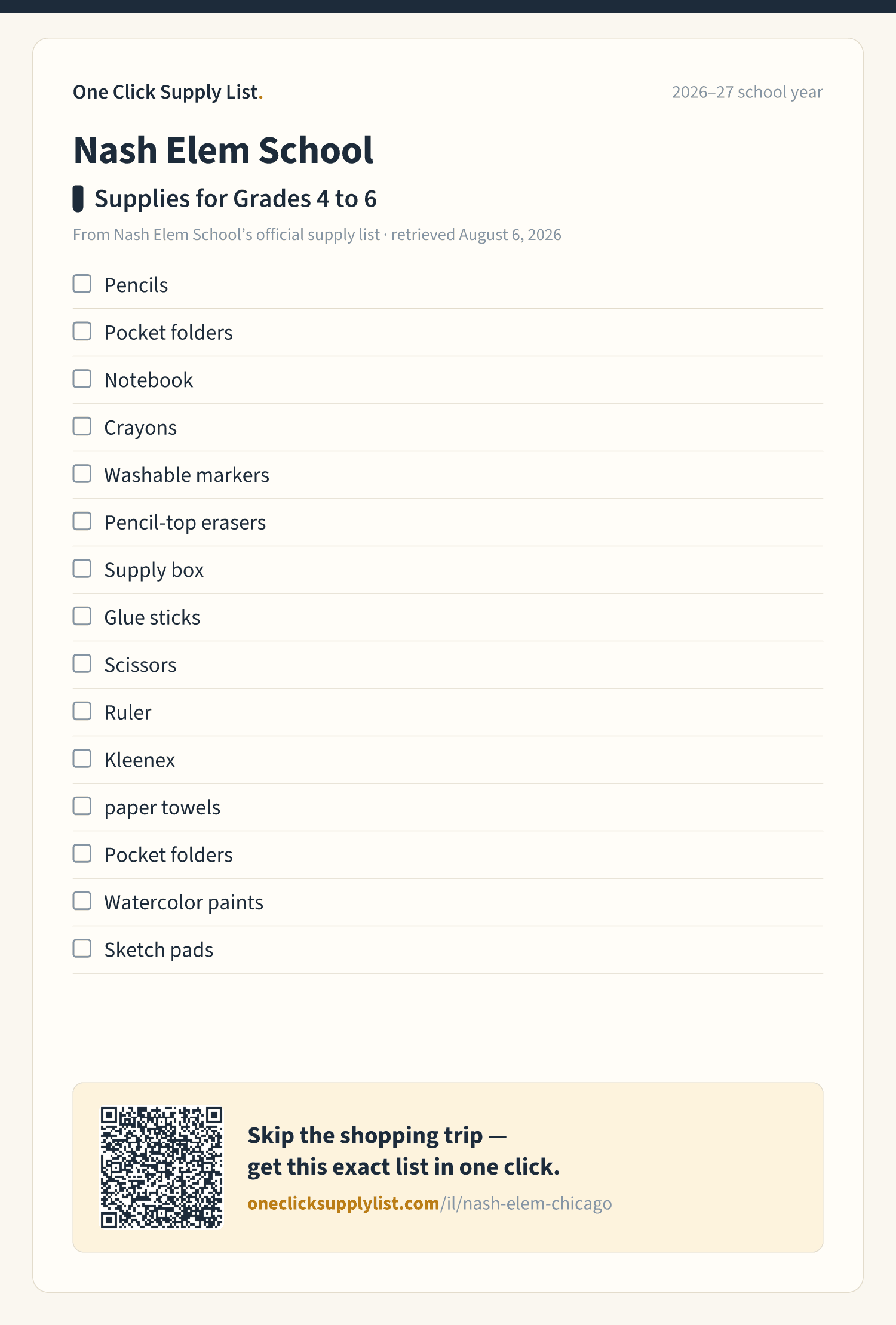 Nash Elem School Supplies for Grades 4 to 6 supply list — printable image