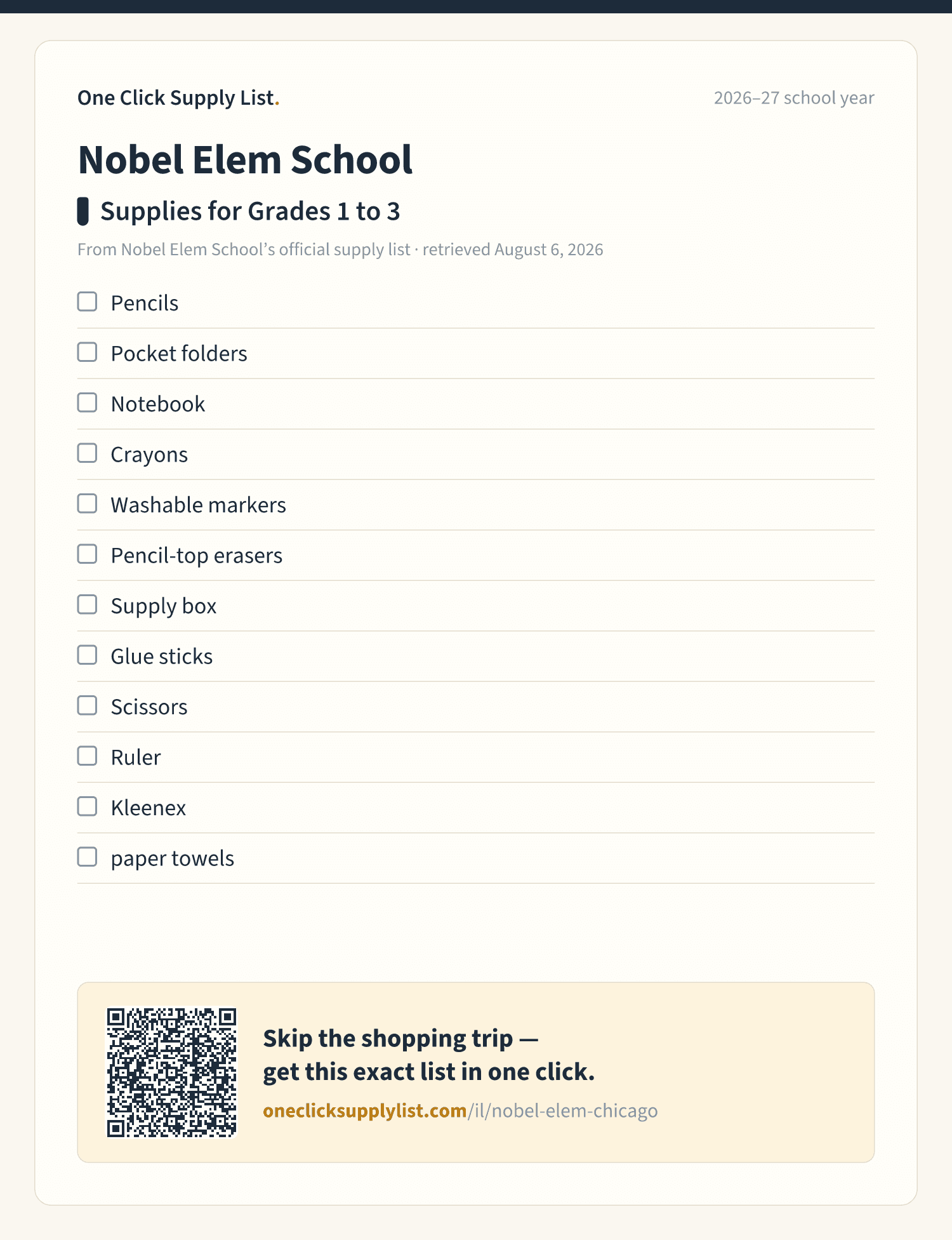Nobel Elem School Supplies for Grades 1 to 3 supply list — printable image