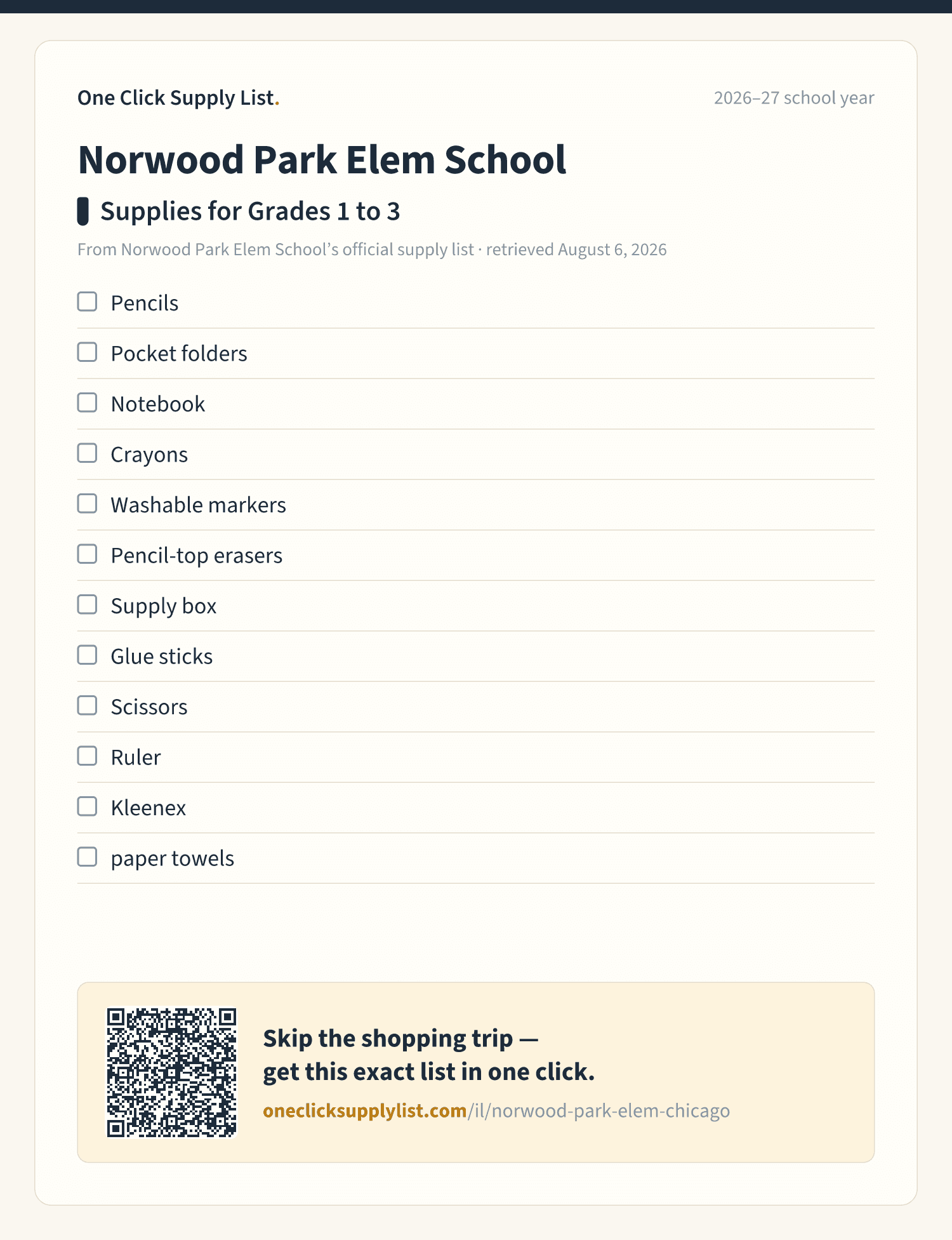 Norwood Park Elem School Supplies for Grades 1 to 3 supply list — printable image