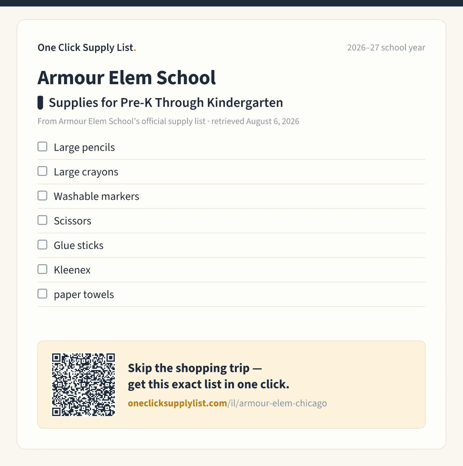 Armour Elem School Supplies for Pre-K Through Kindergarten supply list — printable image