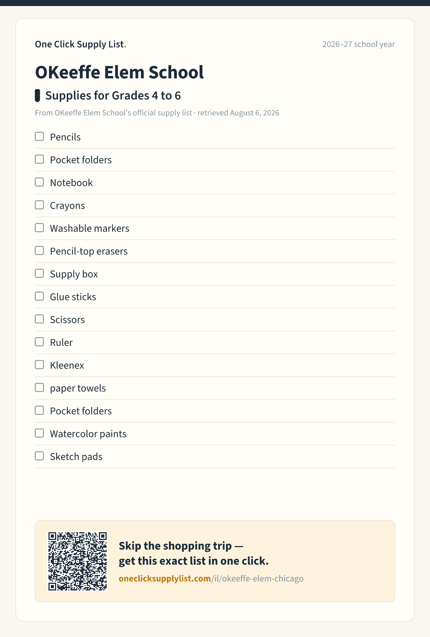 OKeeffe Elem School Supplies for Grades 4 to 6 supply list — printable image