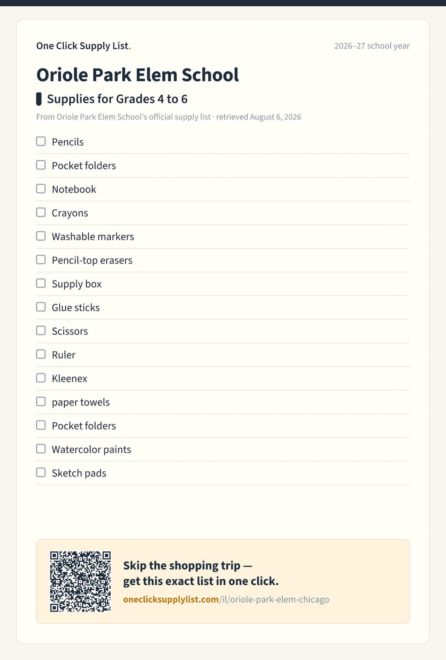 Oriole Park Elem School Supplies for Grades 4 to 6 supply list — printable image