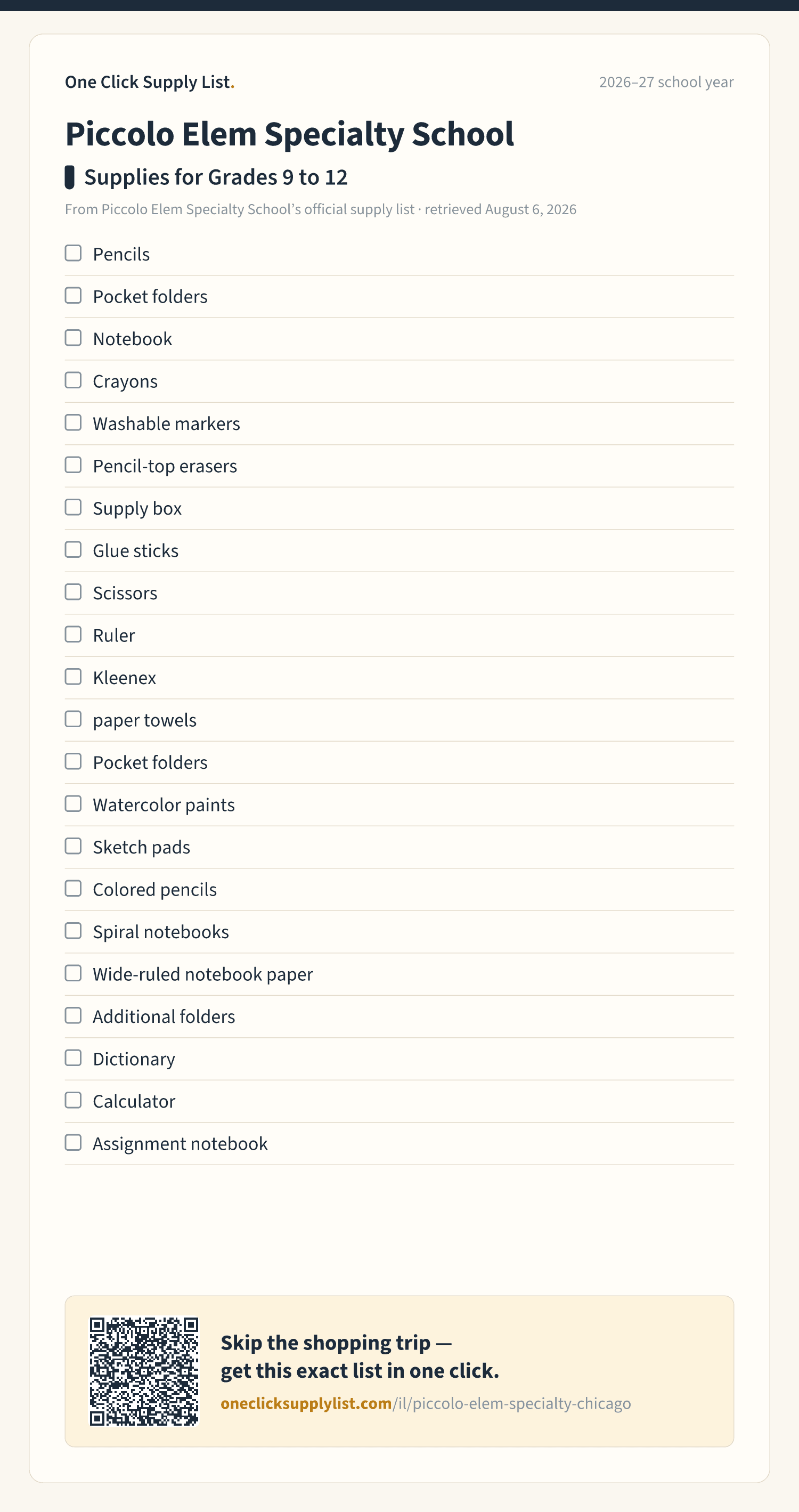 Piccolo Elem Specialty School Supplies for Grades 9 to 12 supply list — printable image
