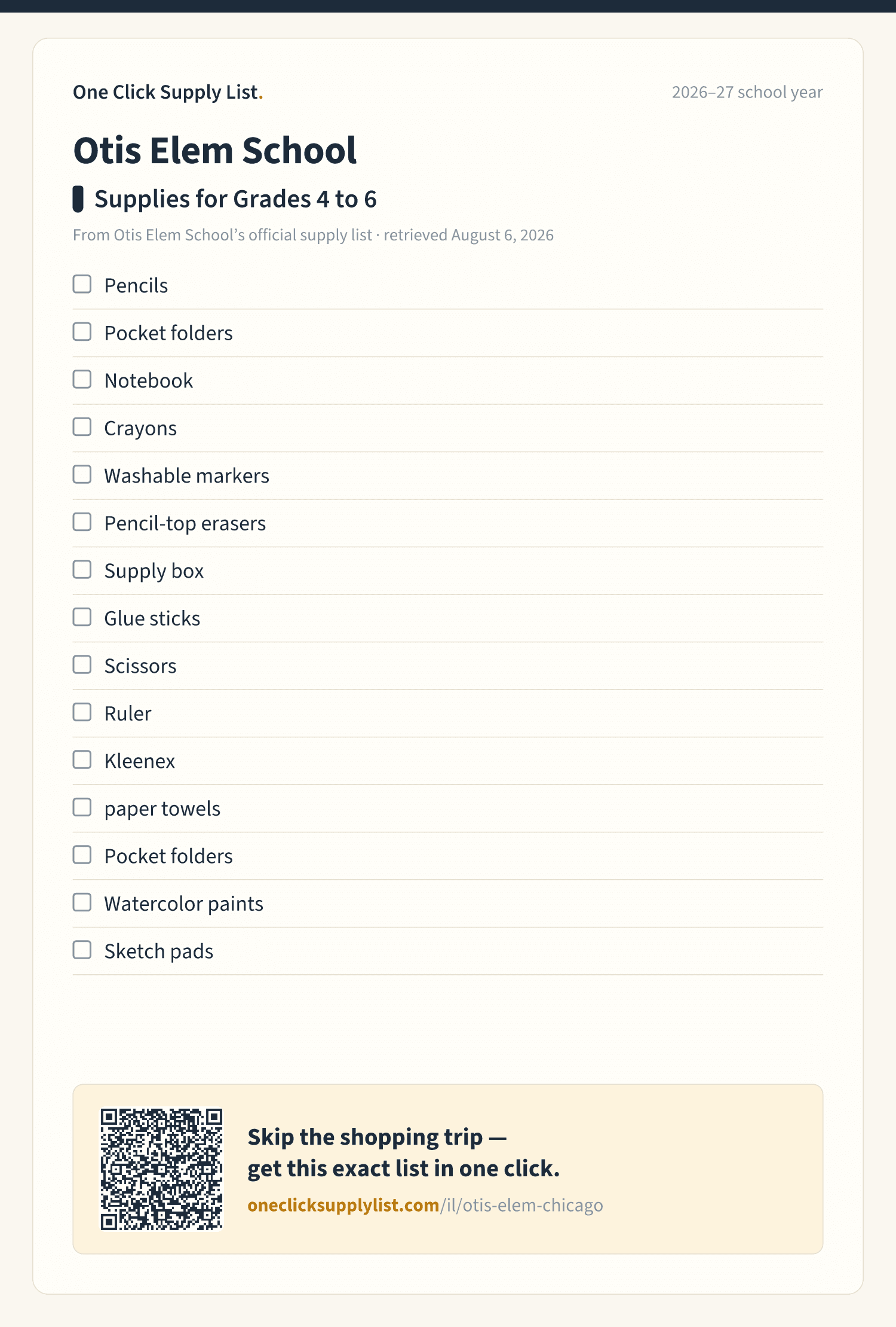 Otis Elem School Supplies for Grades 4 to 6 supply list — printable image
