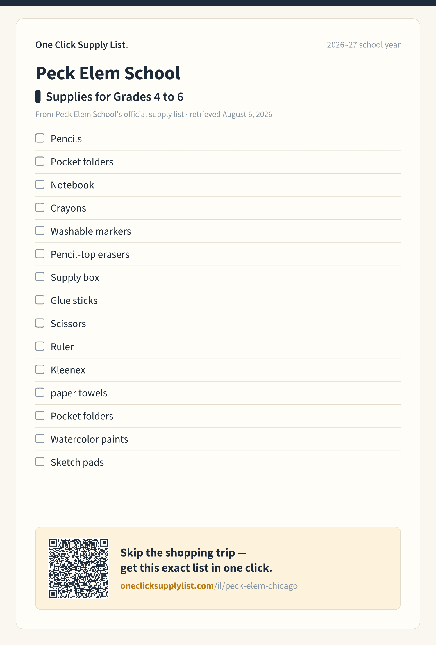 Peck Elem School Supplies for Grades 4 to 6 supply list — printable image