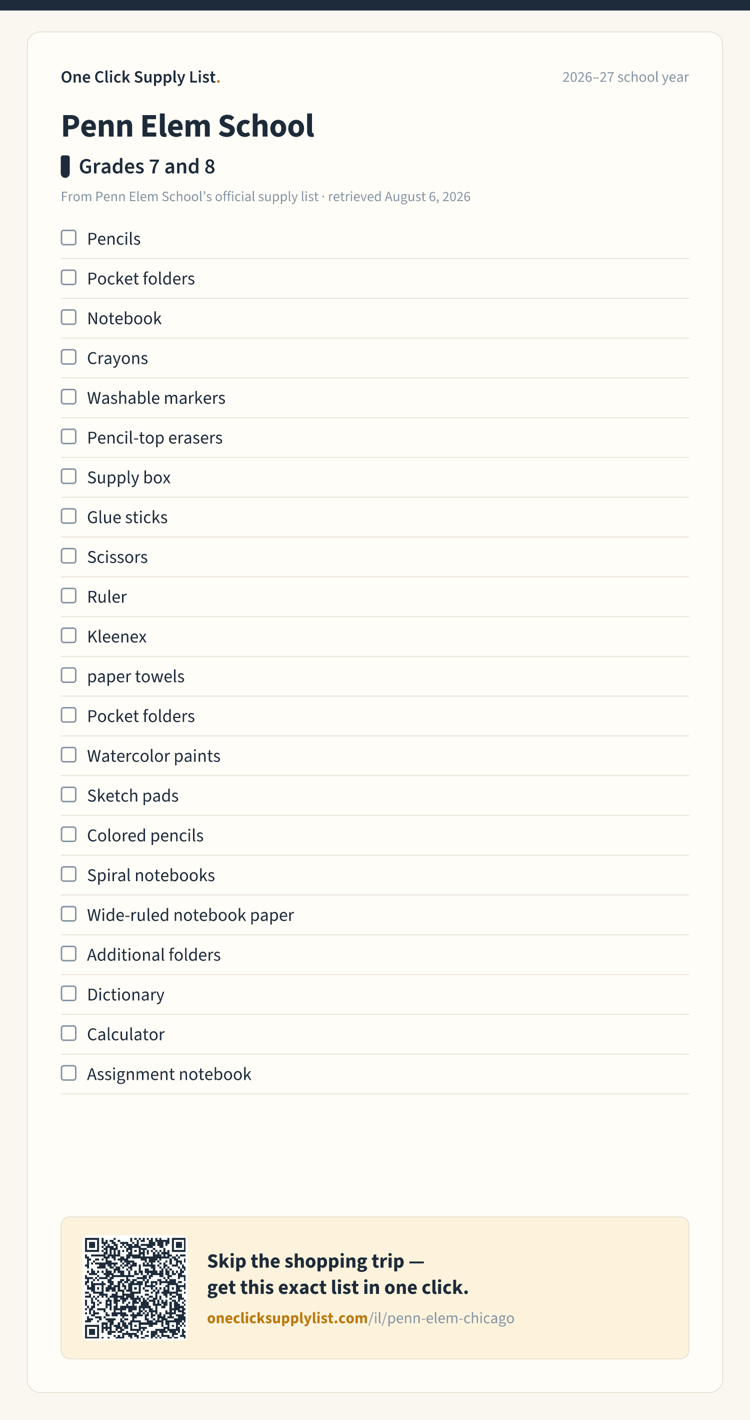 Penn Elem School Grades 7 and 8 supply list — printable image