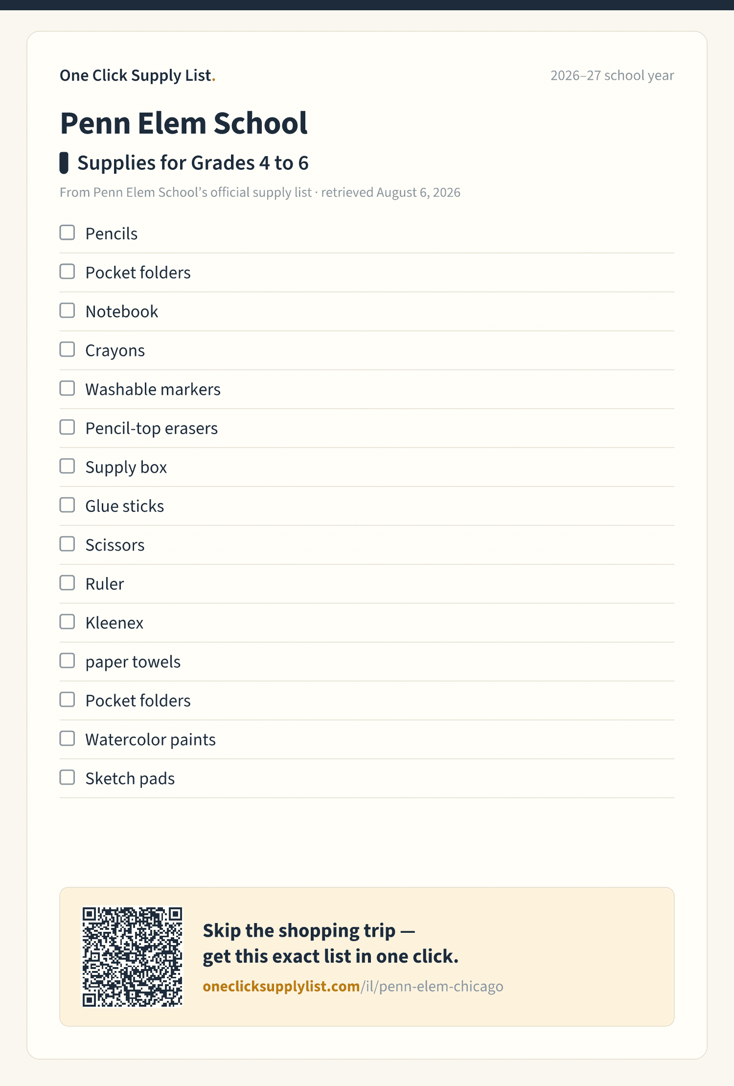 Penn Elem School Supplies for Grades 4 to 6 supply list — printable image