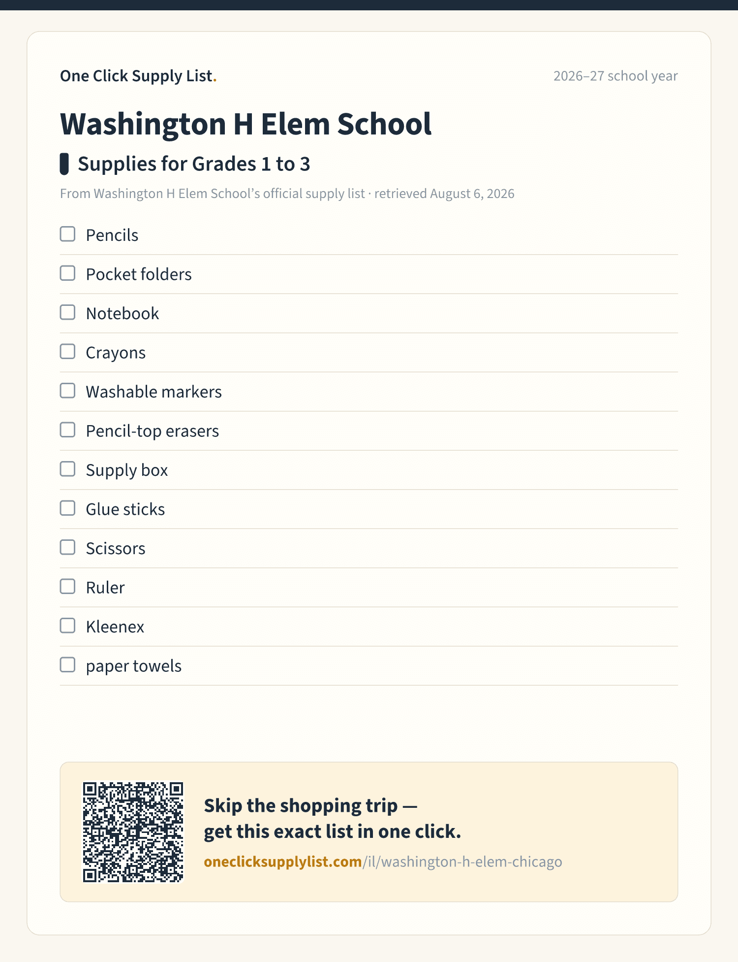 Washington H Elem School Supplies for Grades 1 to 3 supply list — printable image