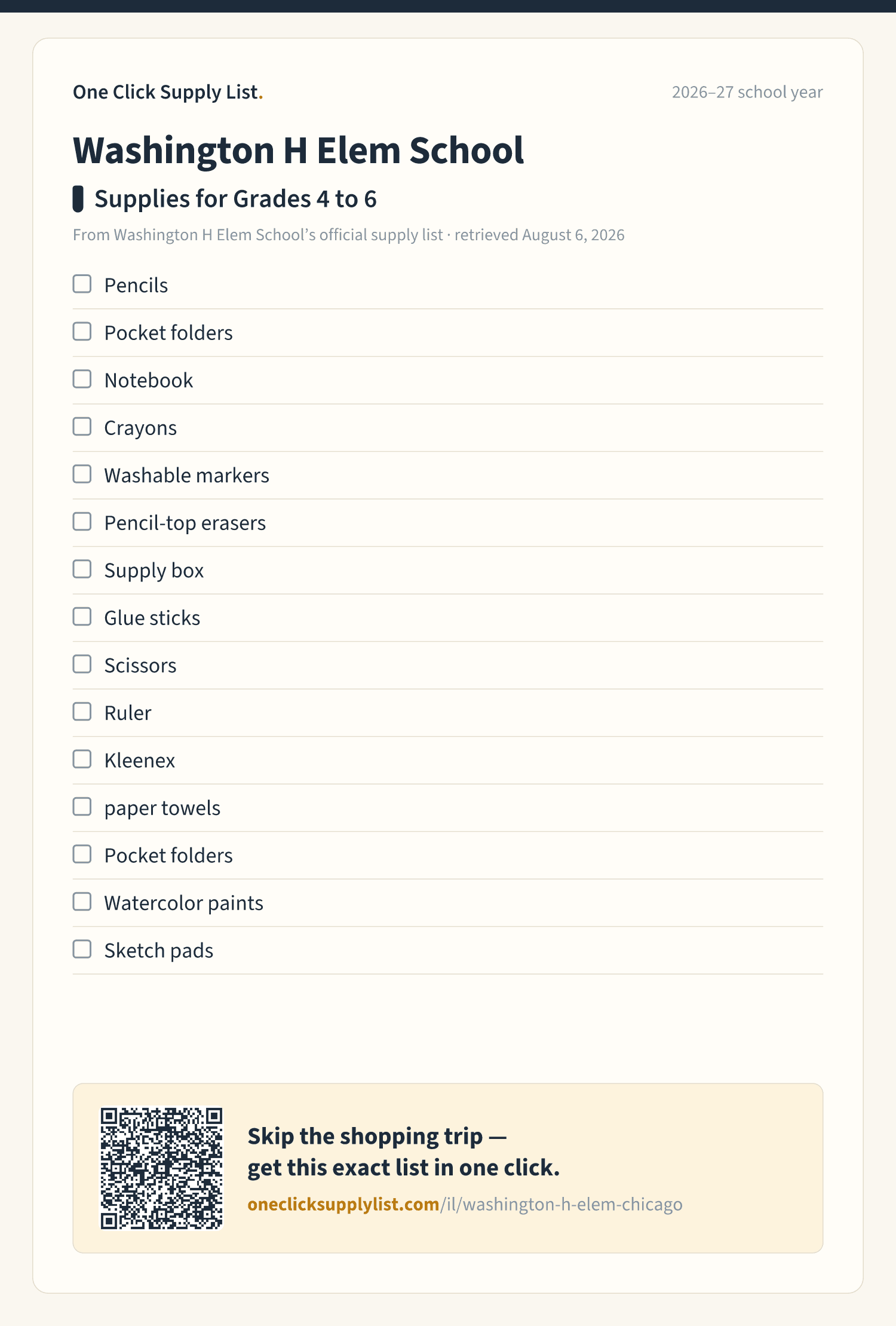 Washington H Elem School Supplies for Grades 4 to 6 supply list — printable image