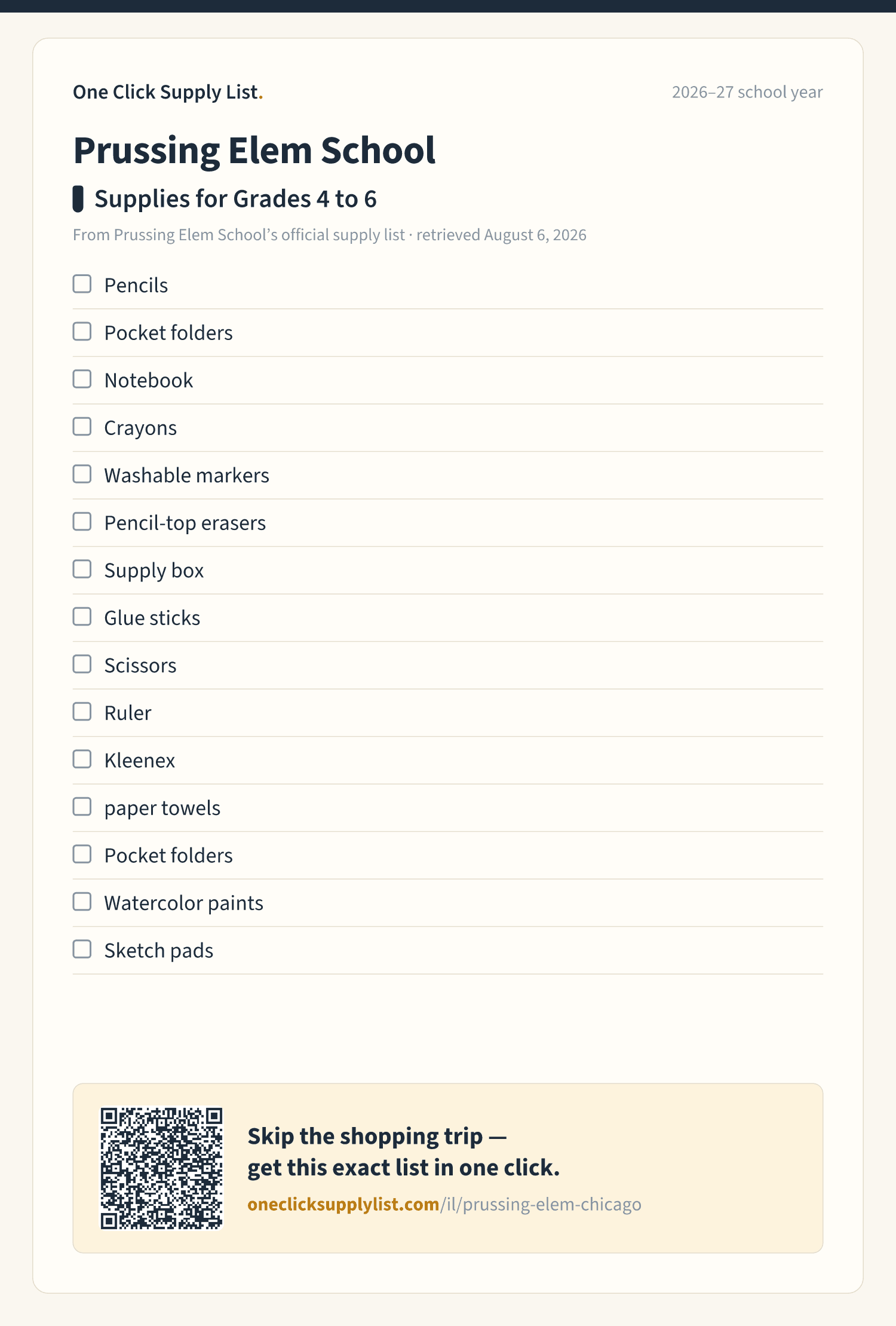Prussing Elem School Supplies for Grades 4 to 6 supply list — printable image