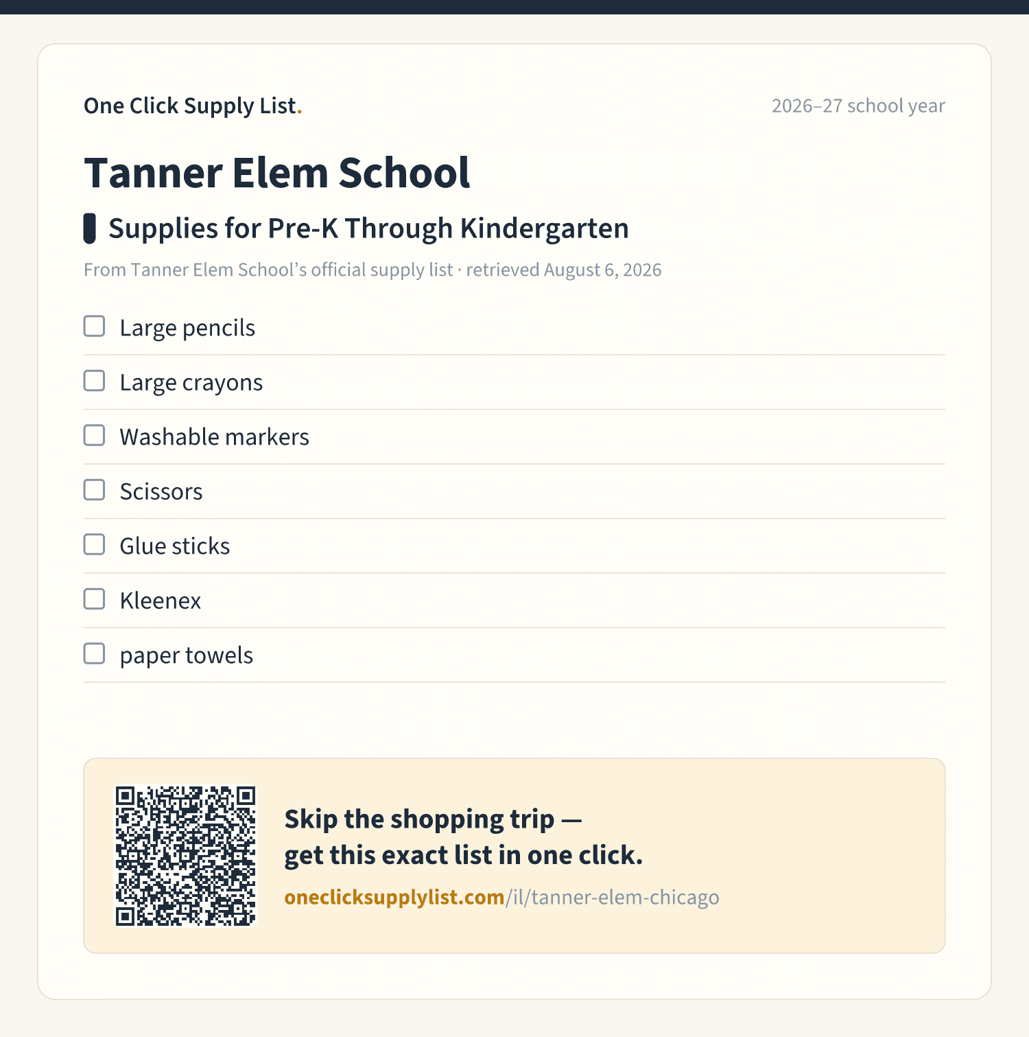 Tanner Elem School Supplies for Pre-K Through Kindergarten supply list — printable image