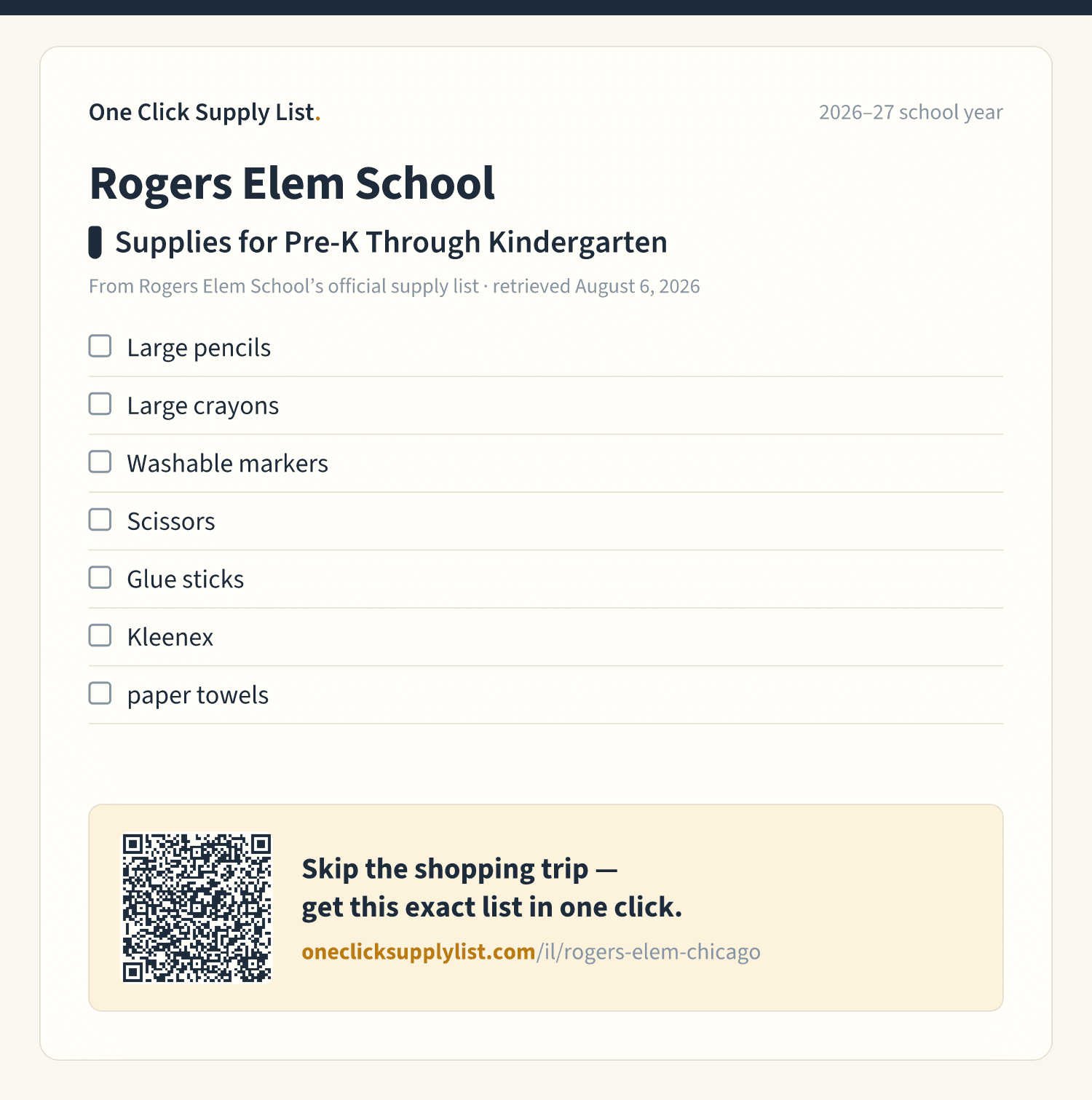 Rogers Elem School Supplies for Pre-K Through Kindergarten supply list — printable image