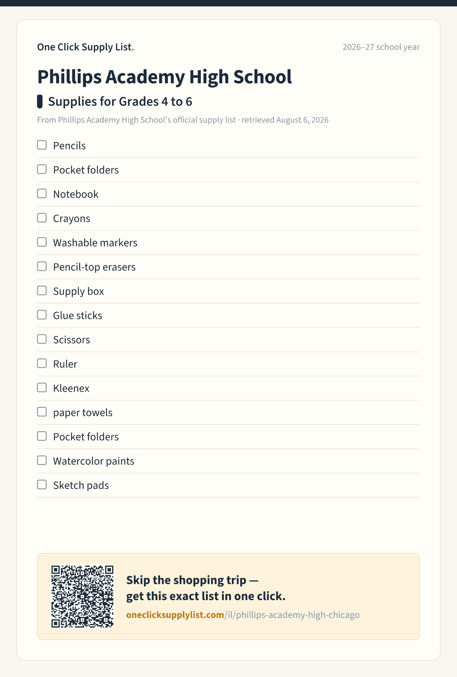 Phillips Academy High School Supplies for Grades 4 to 6 supply list — printable image