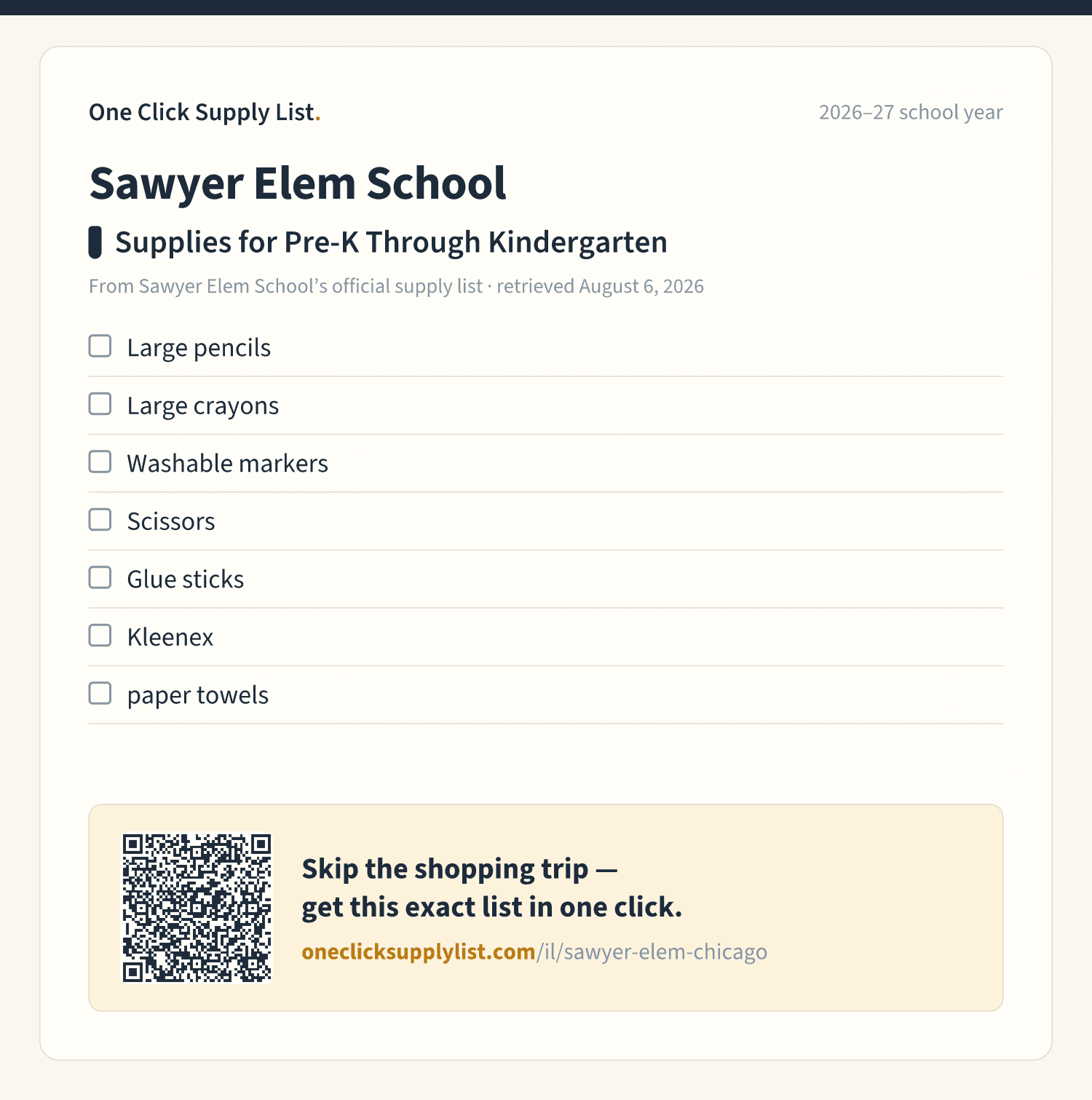 Sawyer Elem School Supplies for Pre-K Through Kindergarten supply list — printable image