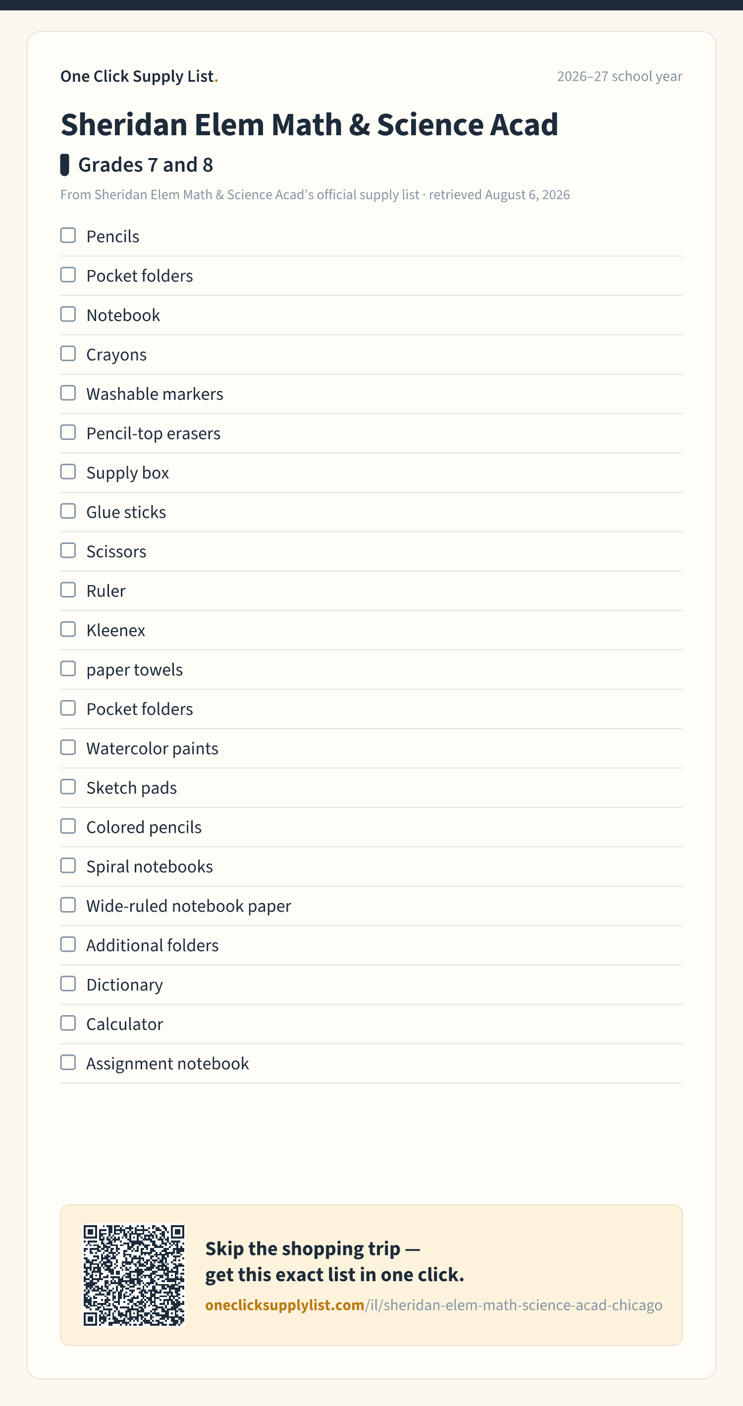Sheridan Elem Math & Science Acad Grades 7 and 8 supply list — printable image