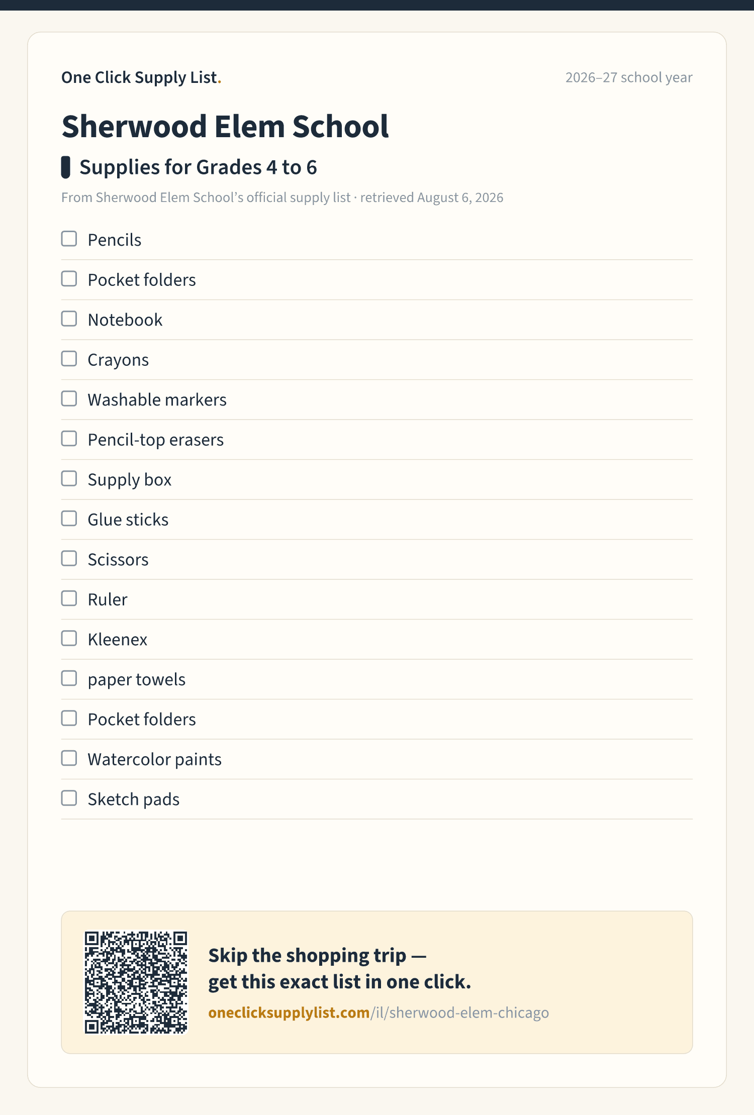 Sherwood Elem School Supplies for Grades 4 to 6 supply list — printable image