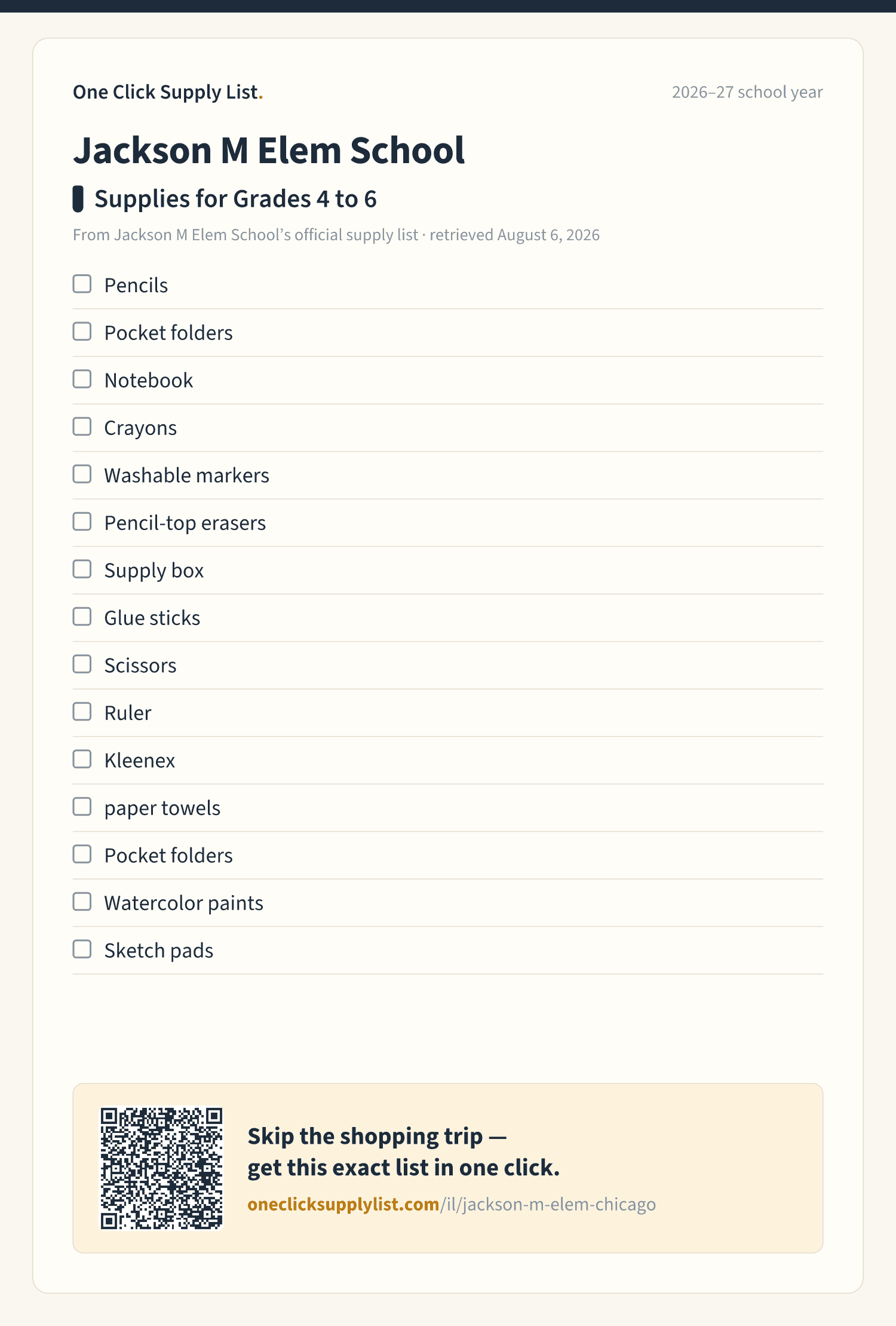 Jackson M Elem School Supplies for Grades 4 to 6 supply list — printable image
