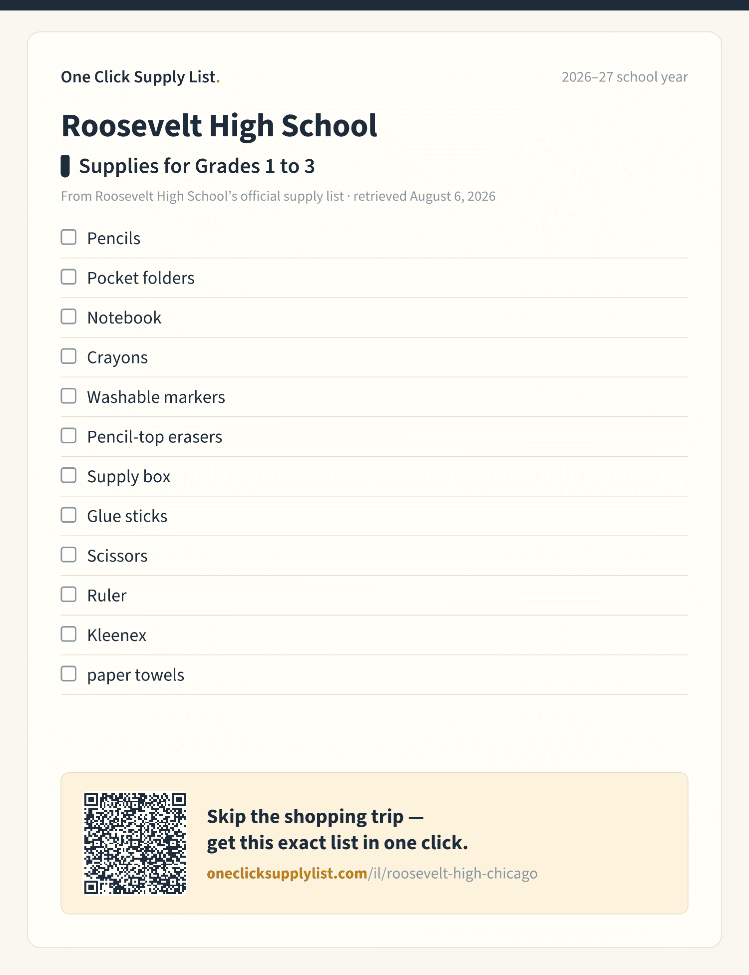 Roosevelt High School Supplies for Grades 1 to 3 supply list — printable image