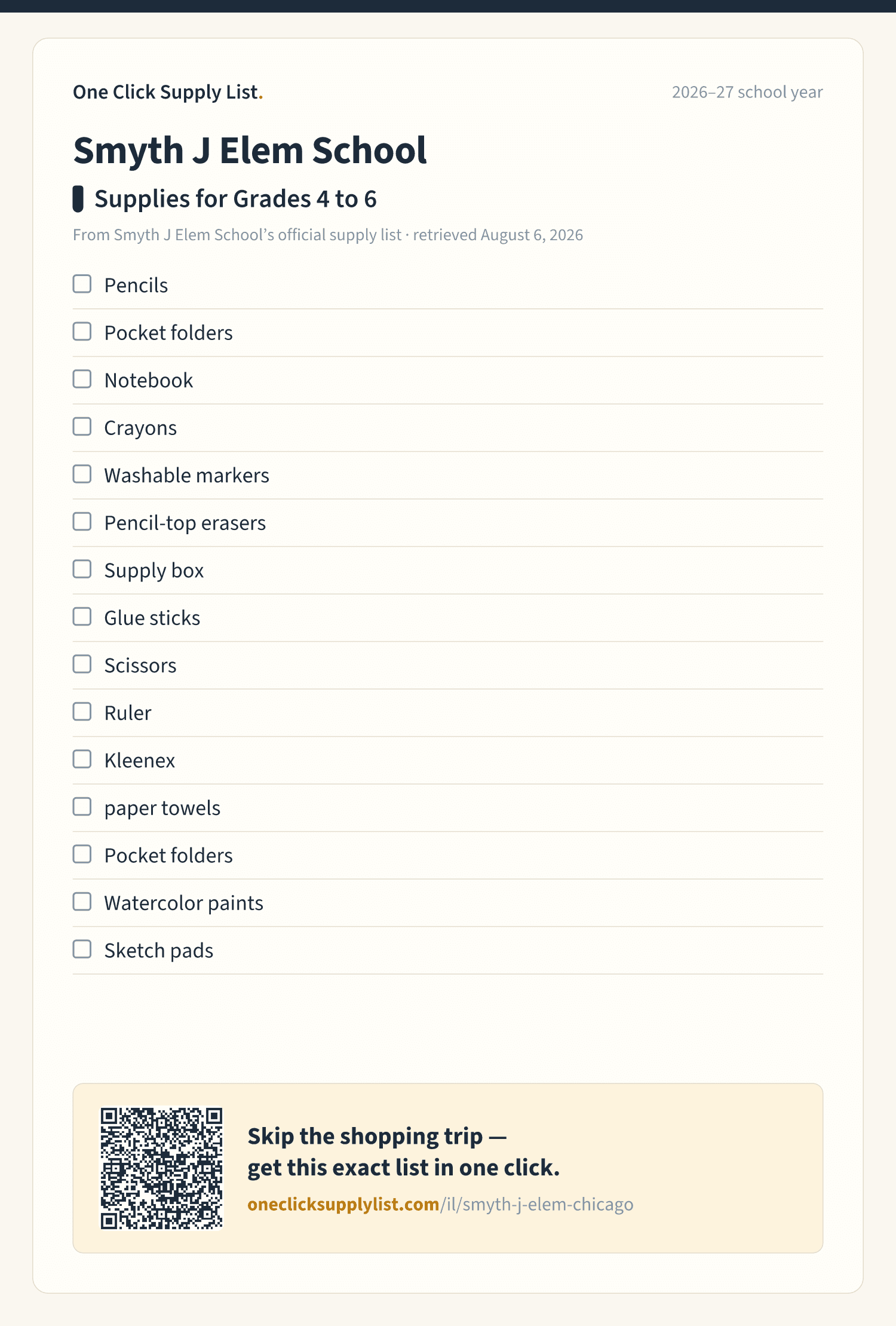 Smyth J Elem School Supplies for Grades 4 to 6 supply list — printable image
