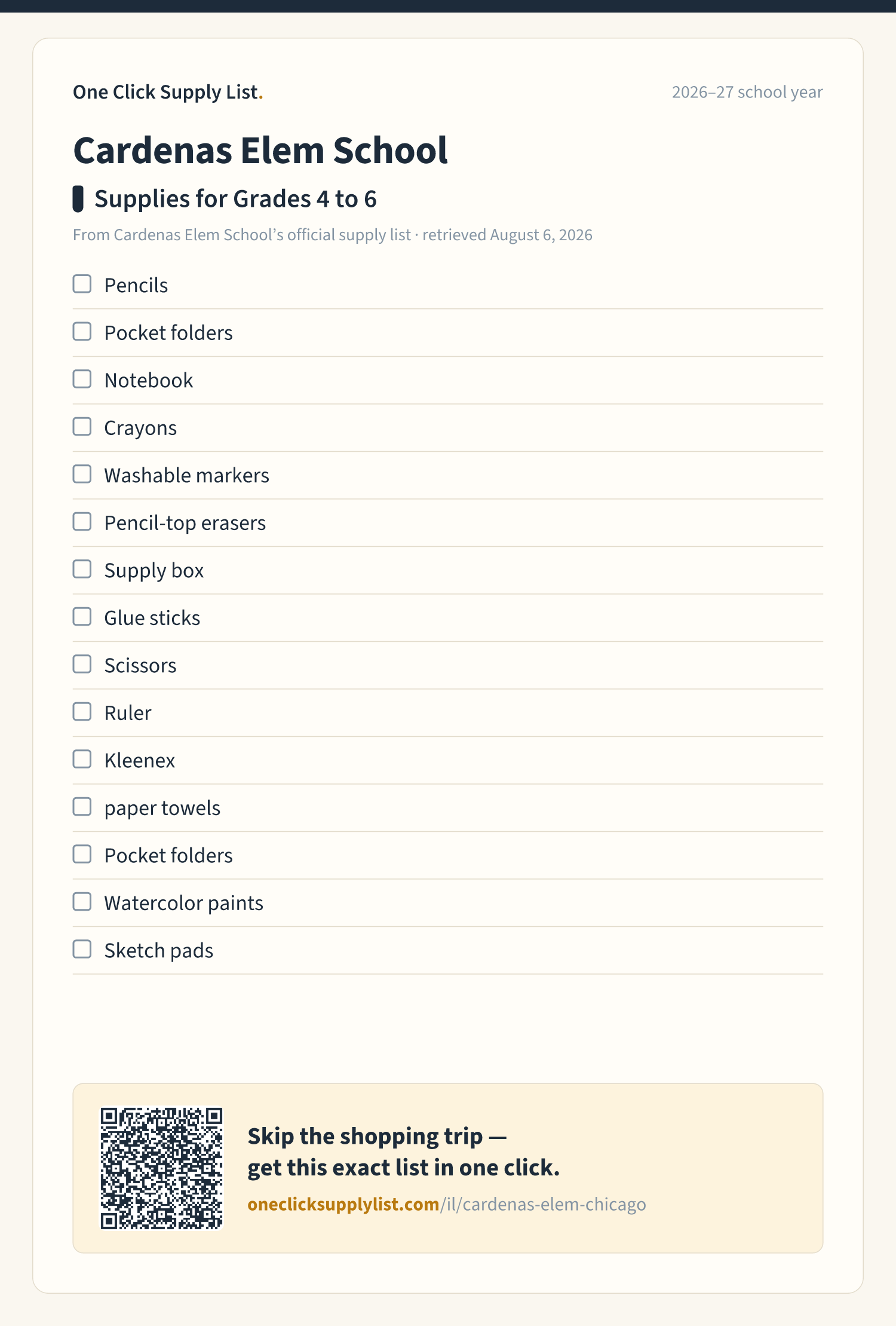 Cardenas Elem School Supplies for Grades 4 to 6 supply list — printable image