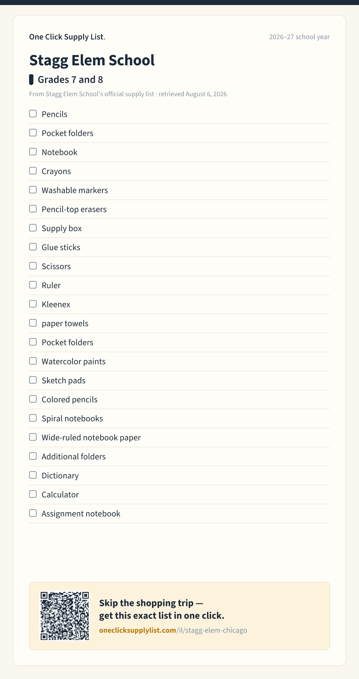 Stagg Elem School Grades 7 and 8 supply list — printable image