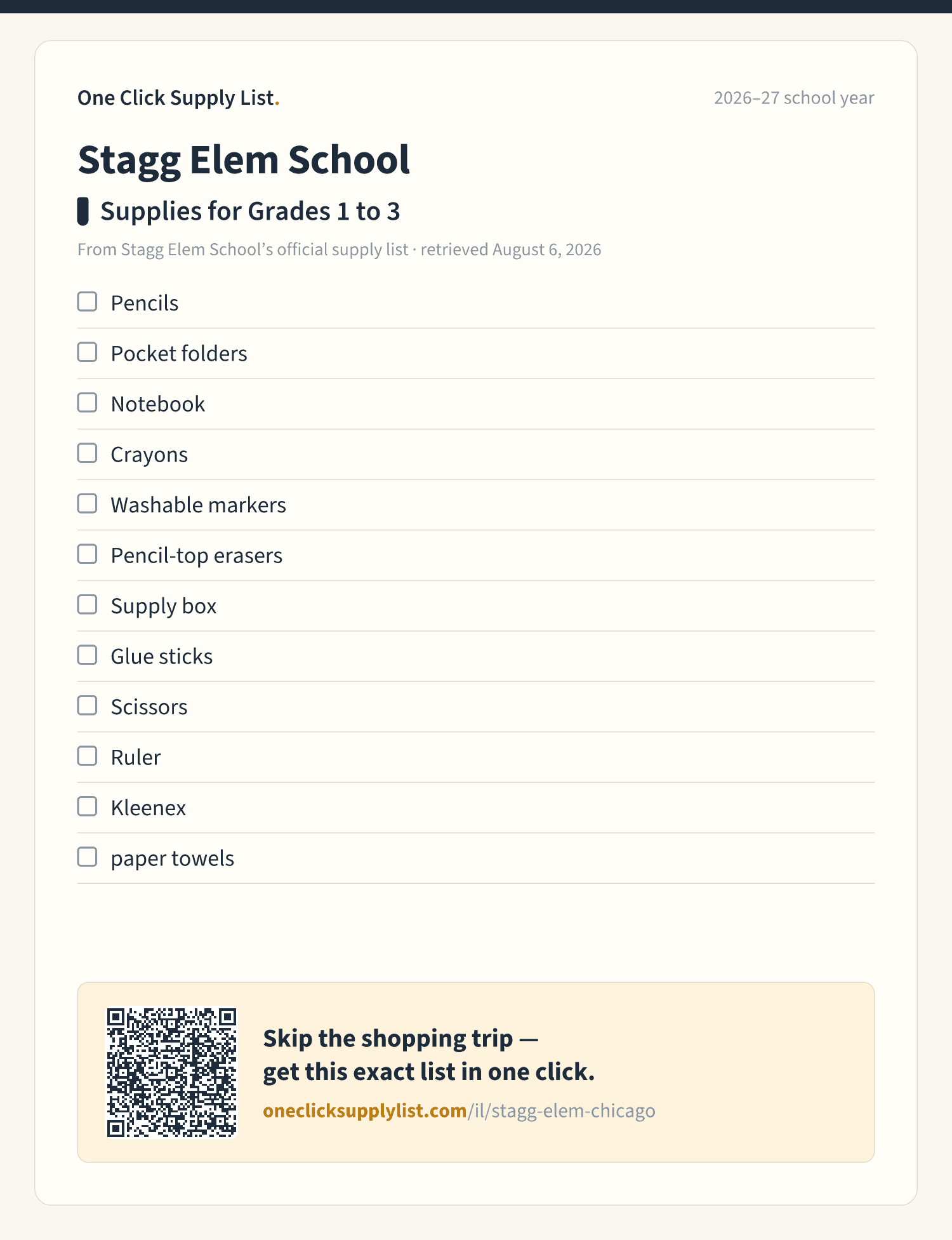 Stagg Elem School Supplies for Grades 1 to 3 supply list — printable image