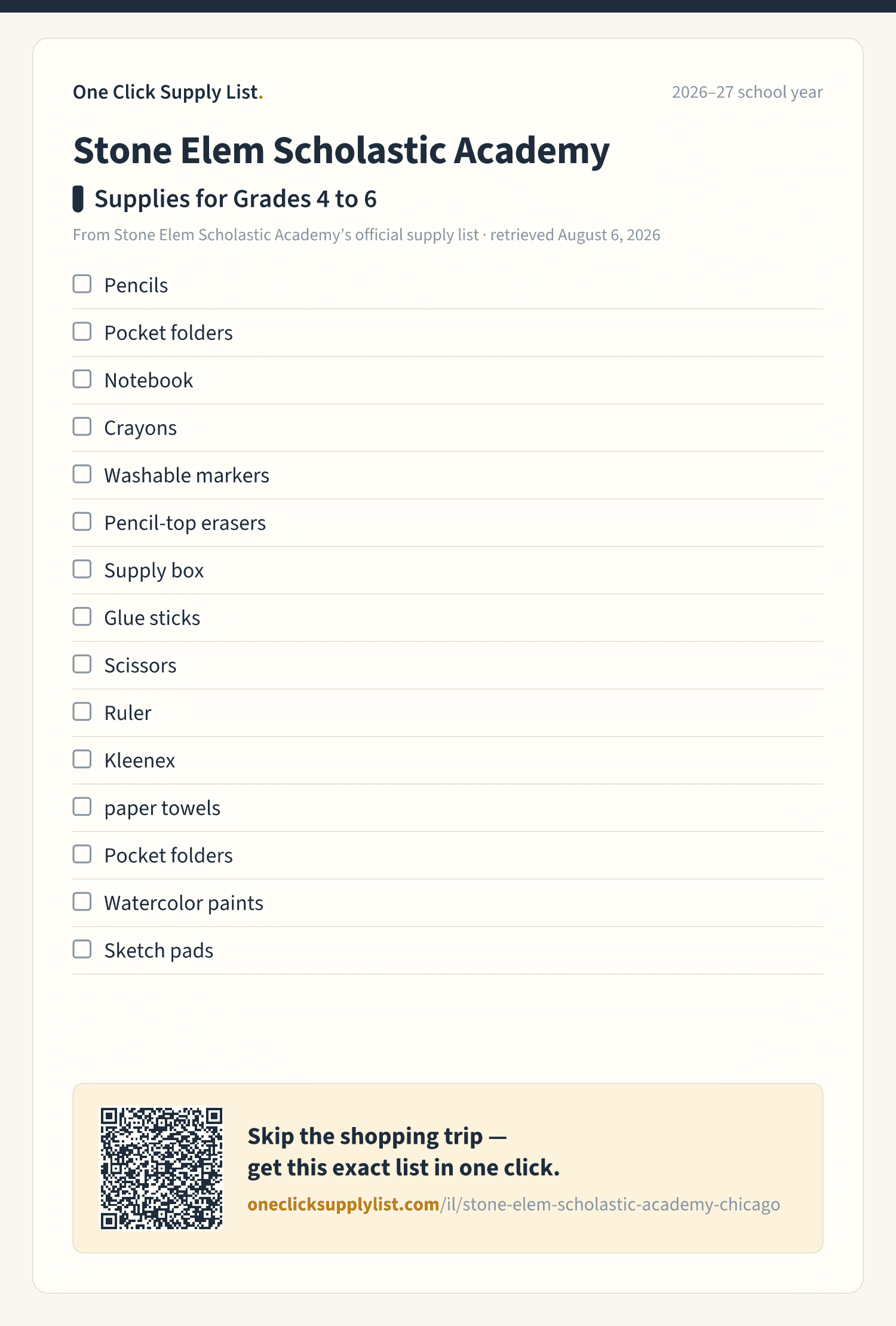 Stone Elem Scholastic Academy Supplies for Grades 4 to 6 supply list — printable image