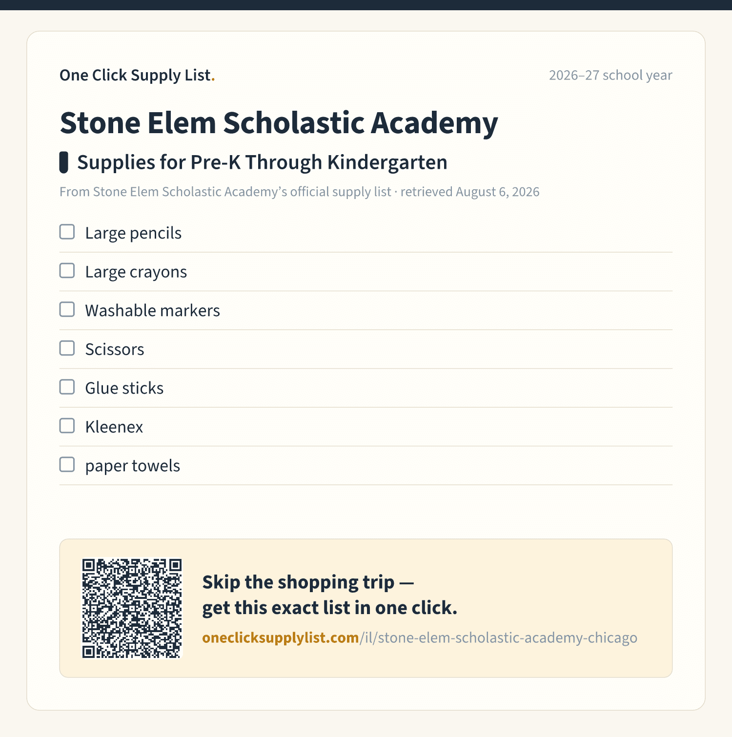 Stone Elem Scholastic Academy Supplies for Pre-K Through Kindergarten supply list — printable image
