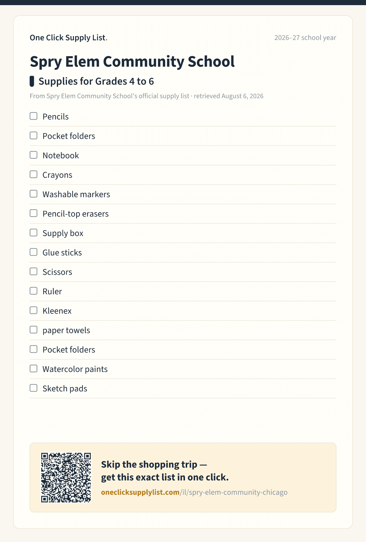 Spry Elem Community School Supplies for Grades 4 to 6 supply list — printable image