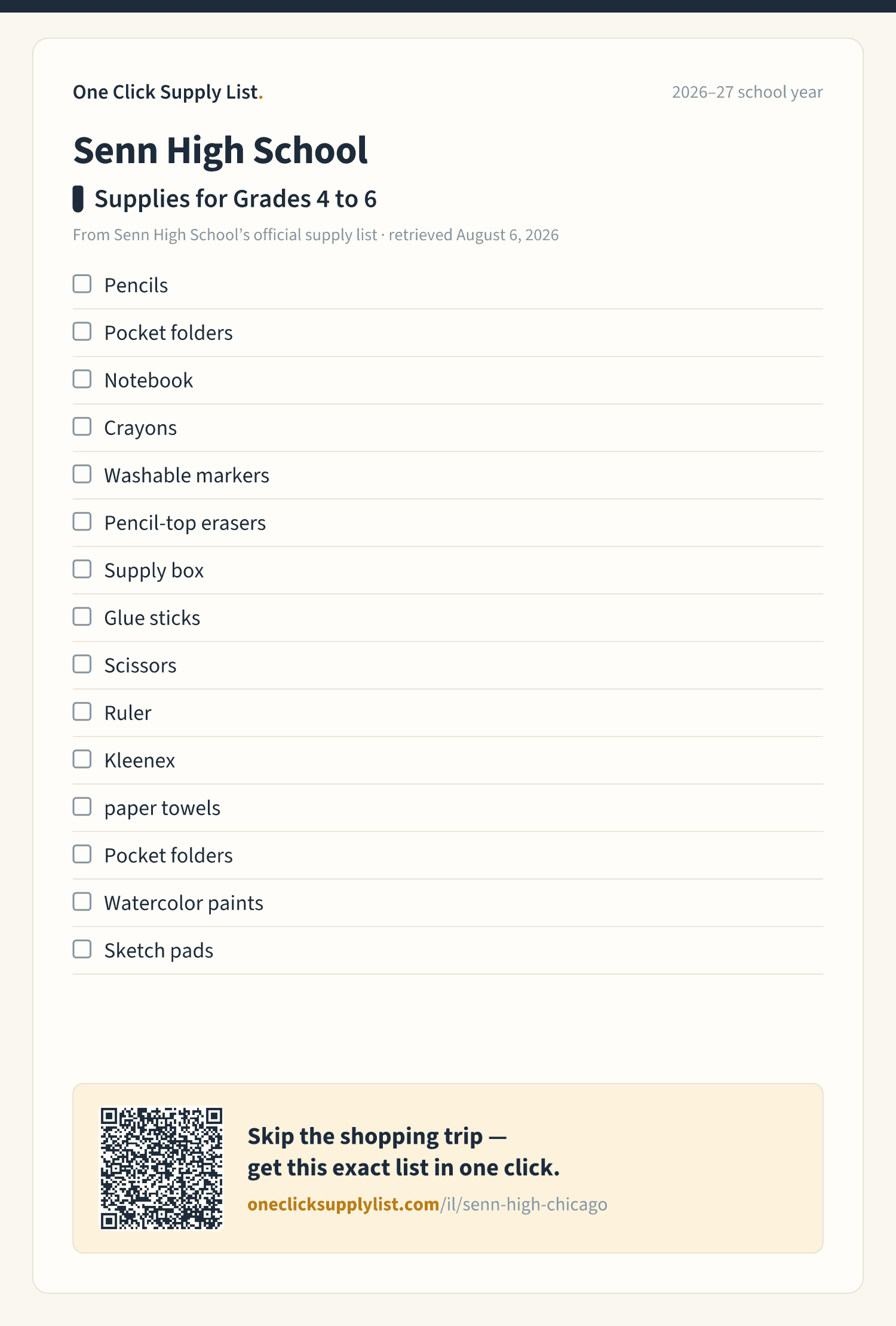 Senn High School Supplies for Grades 4 to 6 supply list — printable image