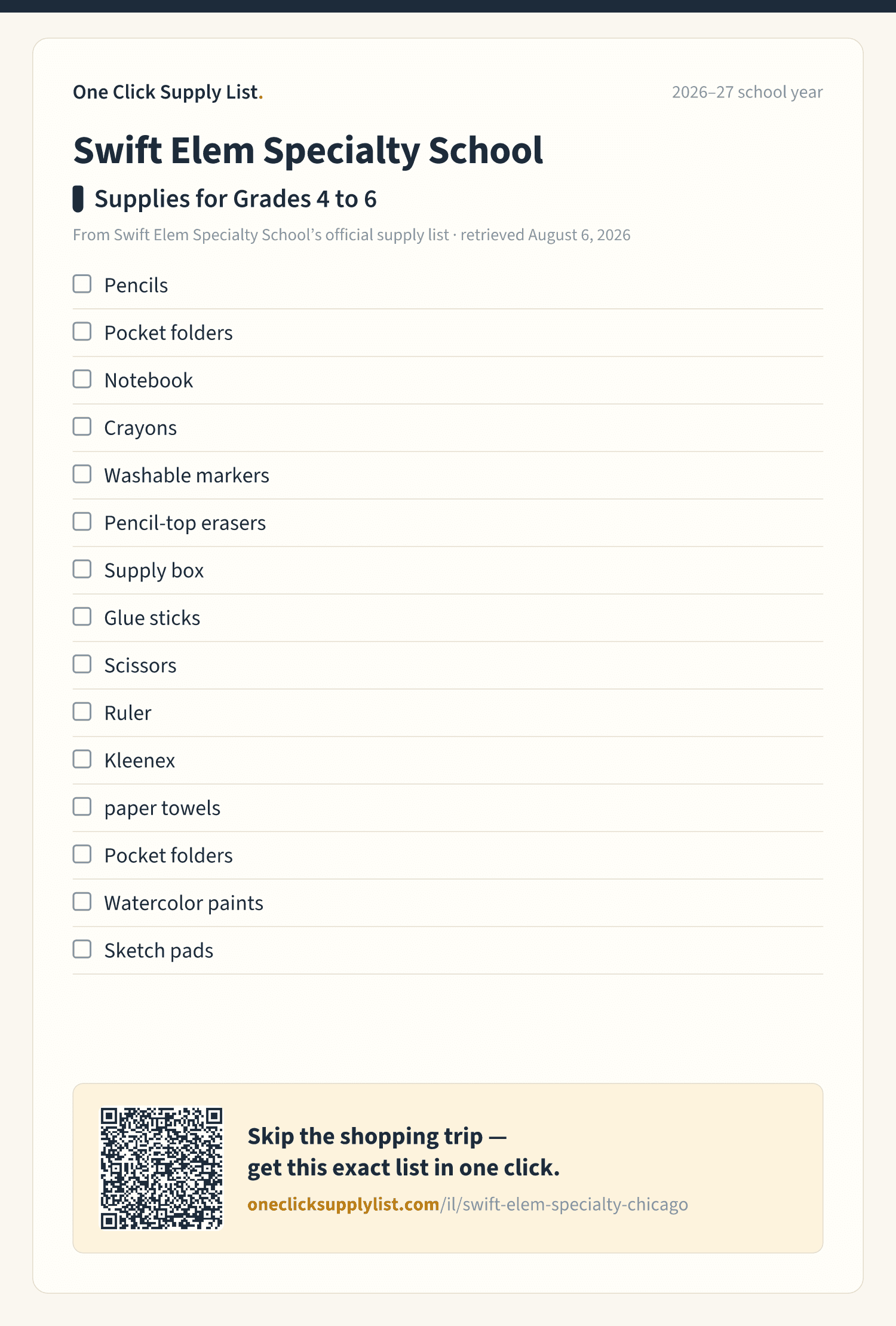 Swift Elem Specialty School Supplies for Grades 4 to 6 supply list — printable image