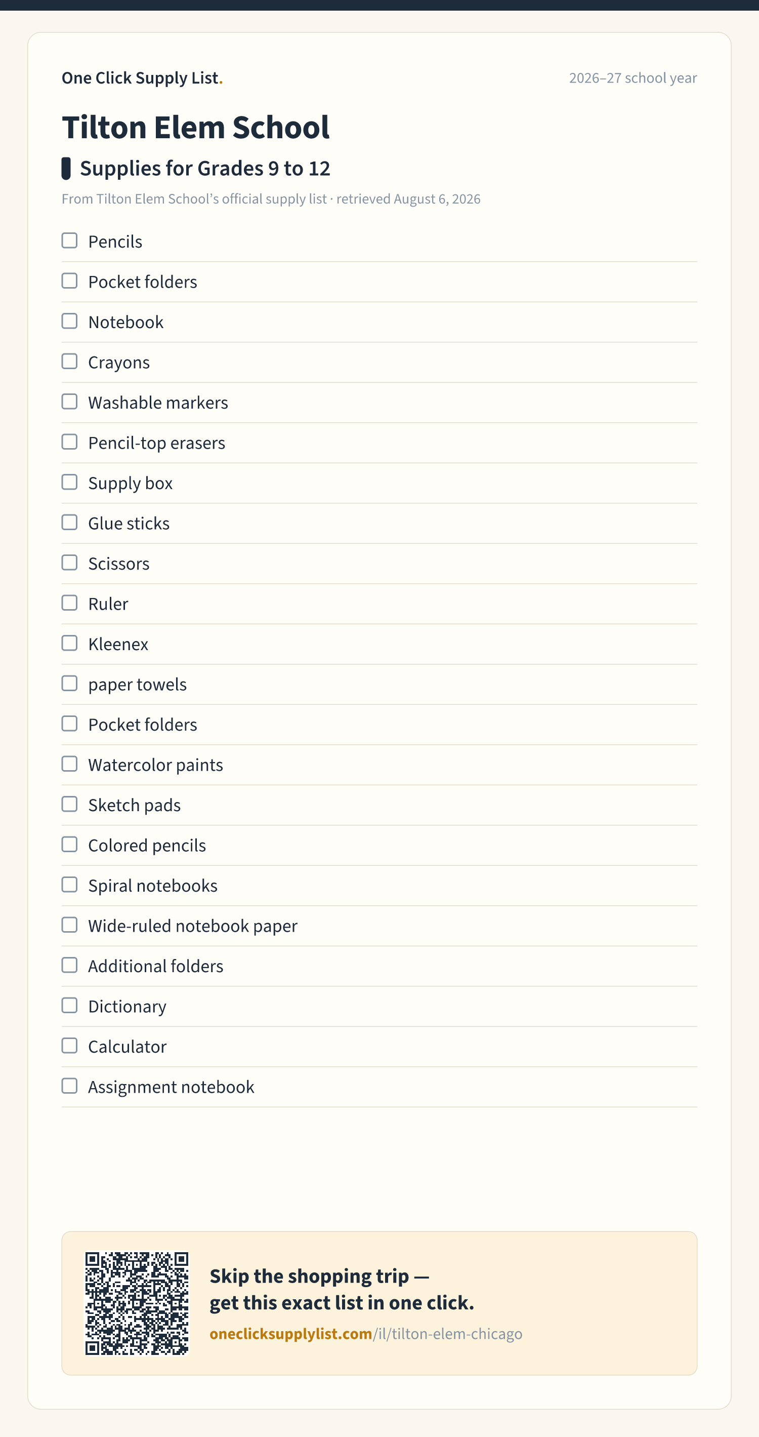 Tilton Elem School Supplies for Grades 9 to 12 supply list — printable image