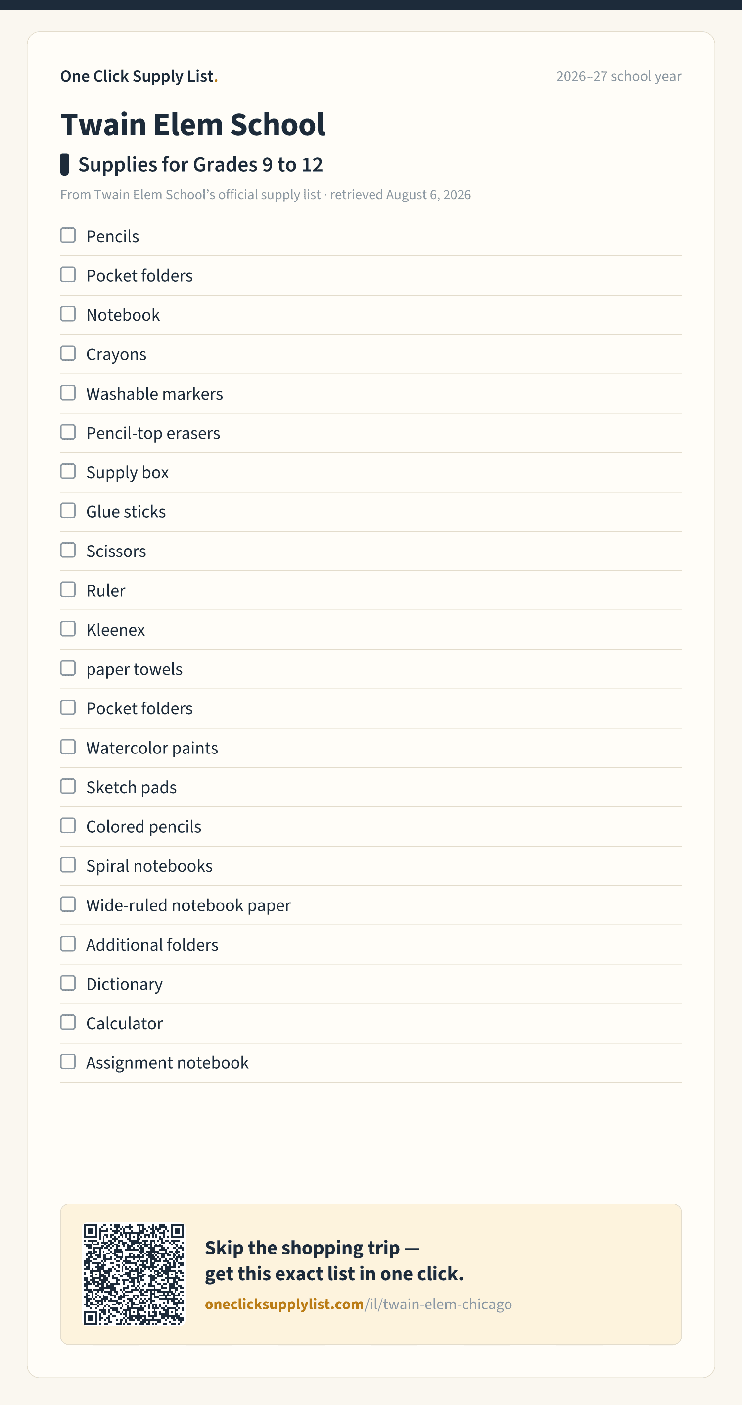 Twain Elem School Supplies for Grades 9 to 12 supply list — printable image