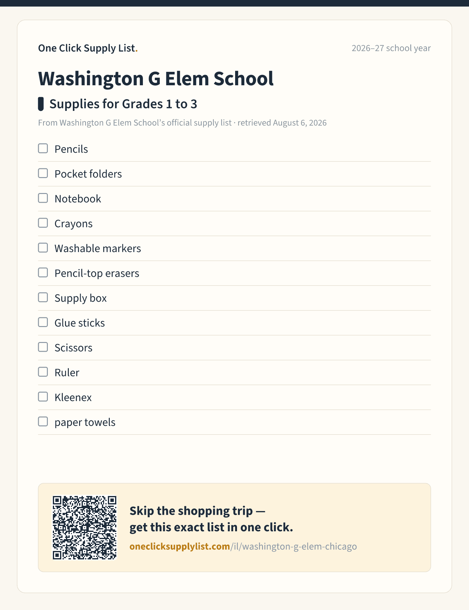 Washington G Elem School Supplies for Grades 1 to 3 supply list — printable image