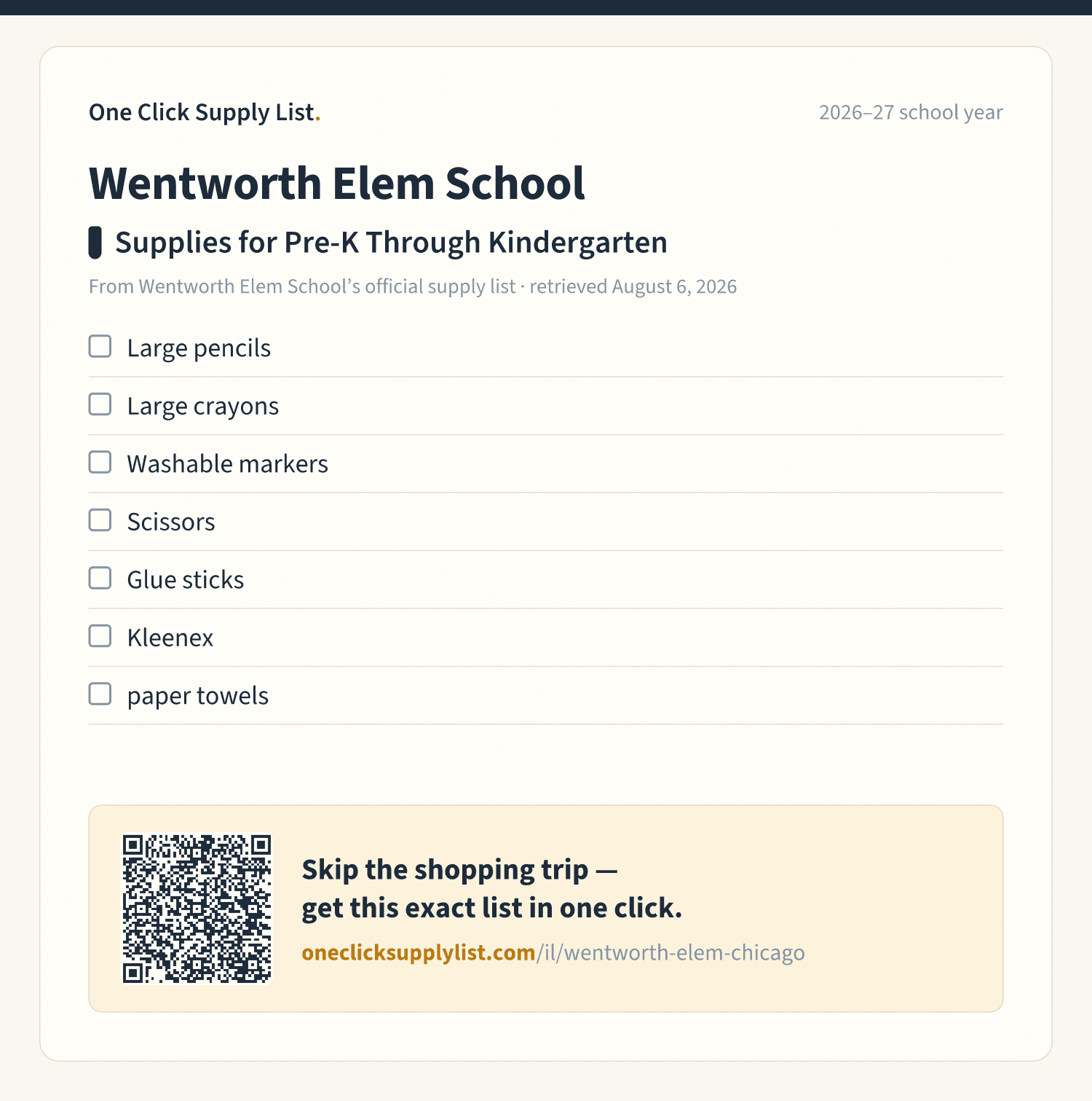 Wentworth Elem School Supplies for Pre-K Through Kindergarten supply list — printable image