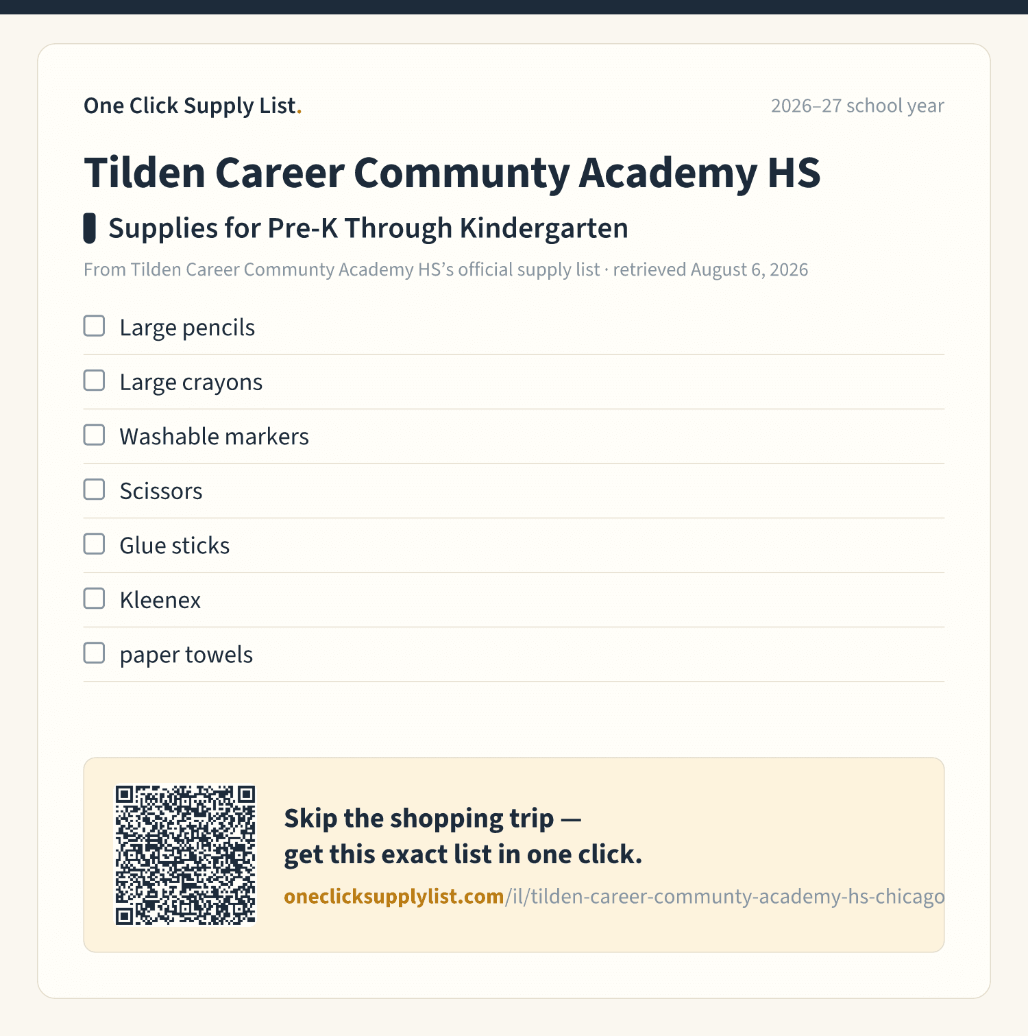 Tilden Career Communty Academy HS Supplies for Pre-K Through Kindergarten supply list — printable image