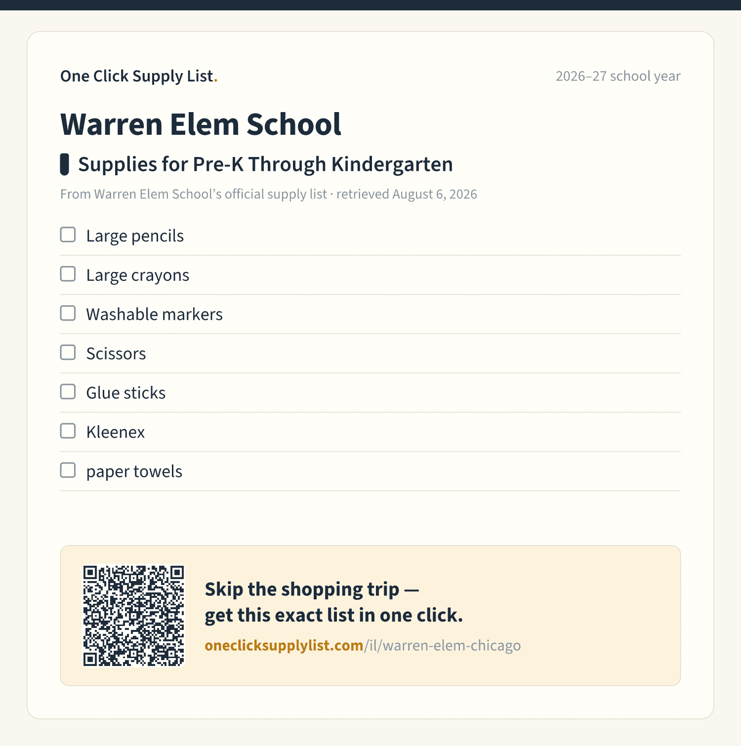 Warren Elem School Supplies for Pre-K Through Kindergarten supply list — printable image