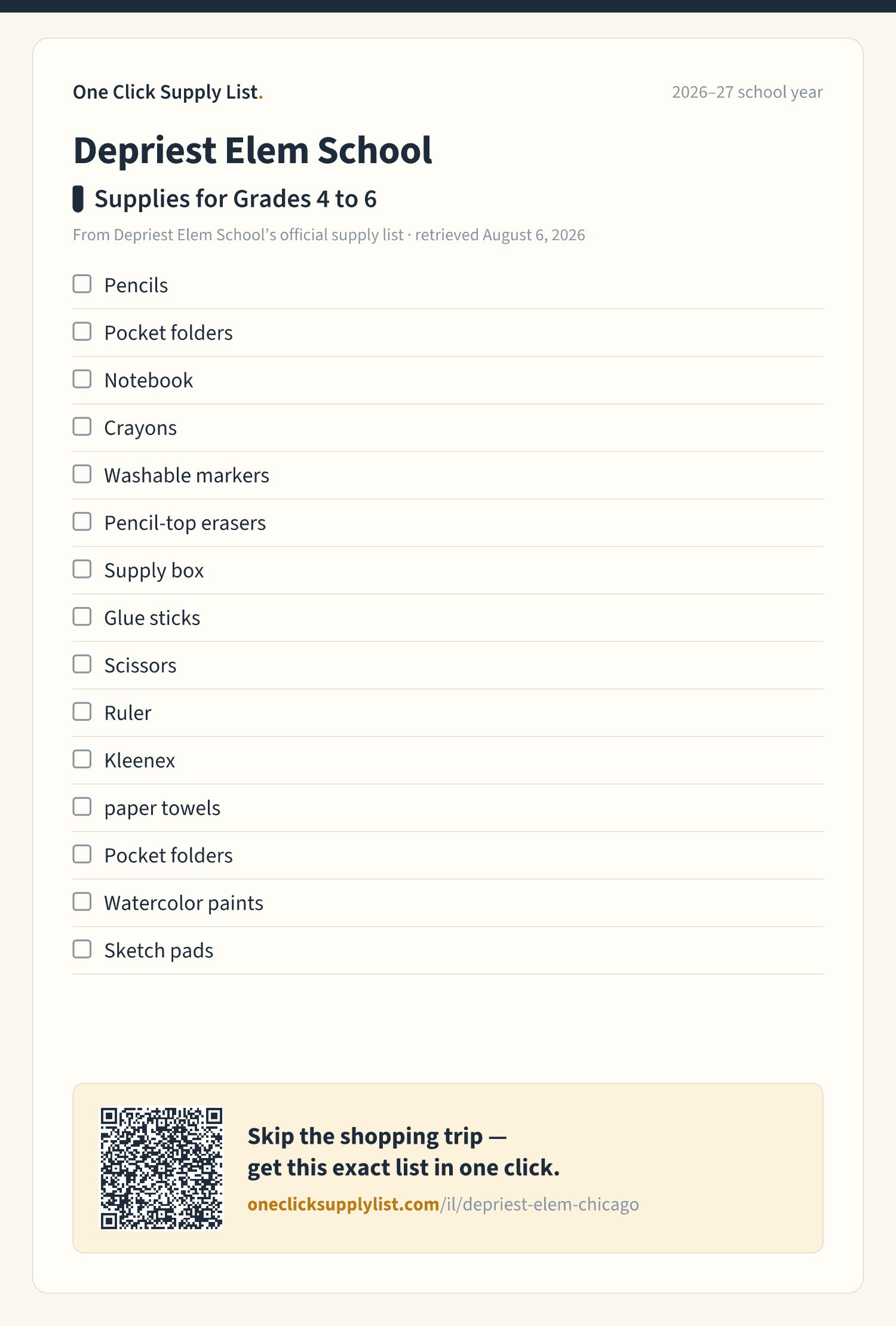 Depriest Elem School Supplies for Grades 4 to 6 supply list — printable image