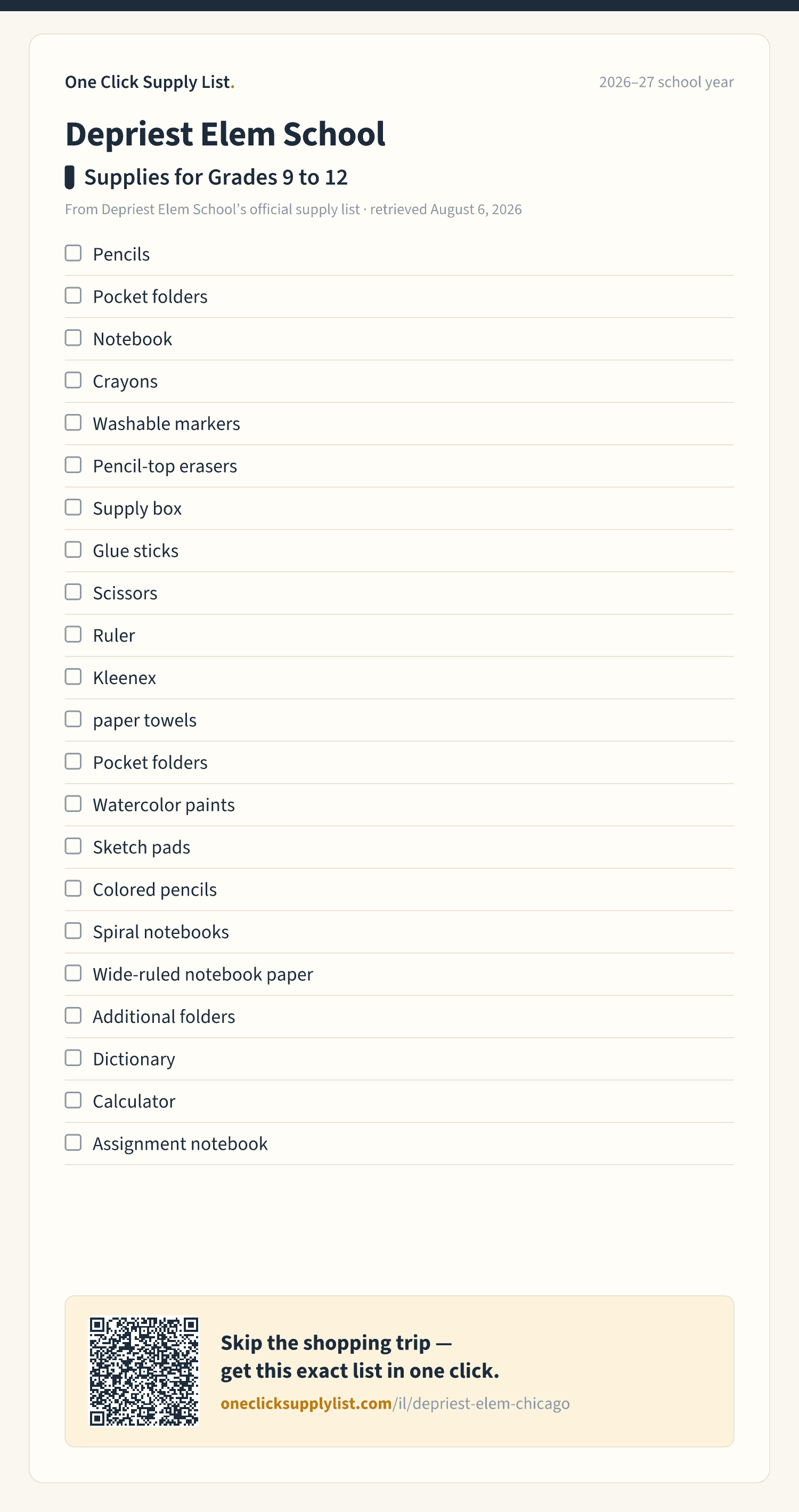 Depriest Elem School Supplies for Grades 9 to 12 supply list — printable image
