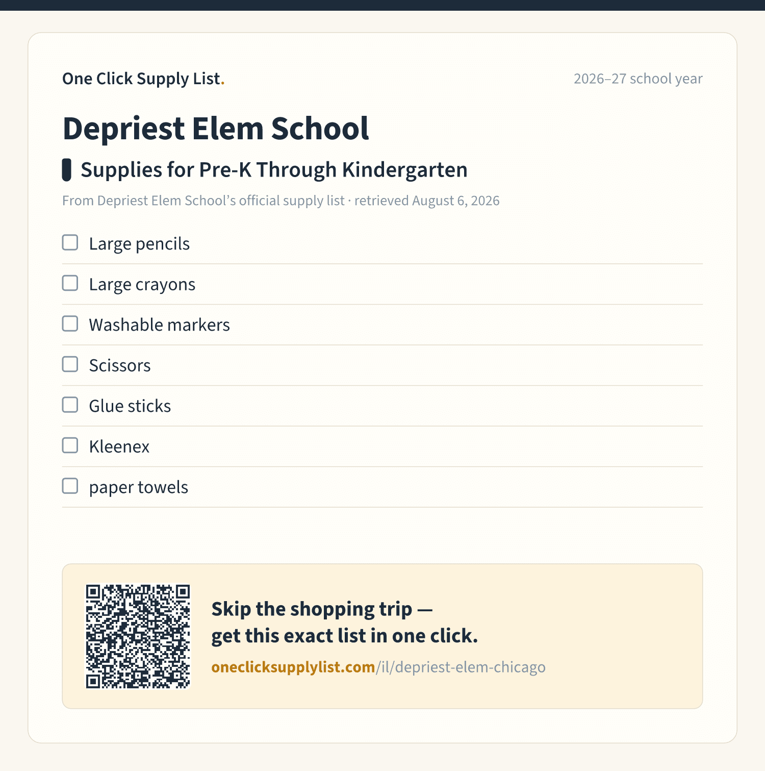 Depriest Elem School Supplies for Pre-K Through Kindergarten supply list — printable image
