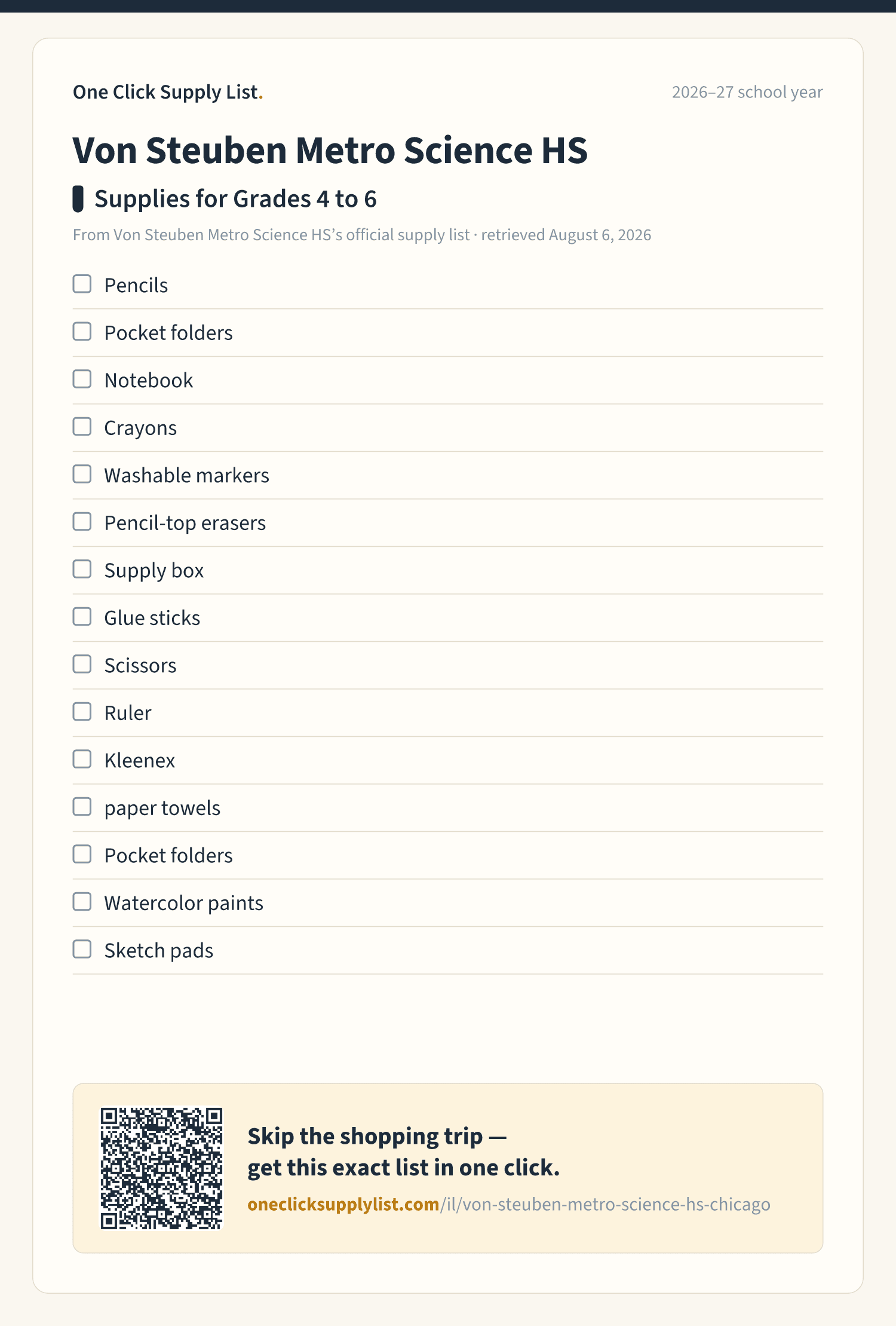 Von Steuben Metro Science HS Supplies for Grades 4 to 6 supply list — printable image