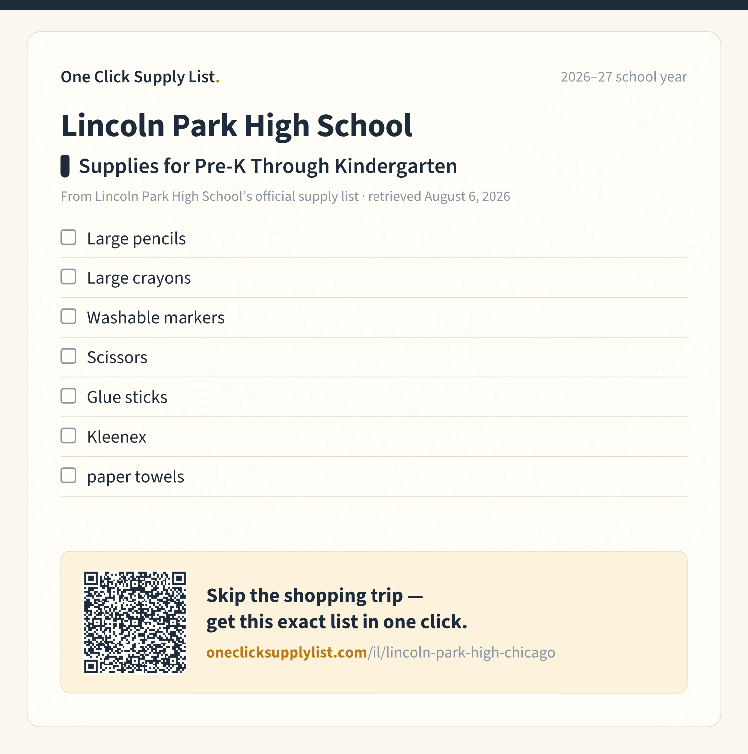 Lincoln Park High School Supplies for Pre-K Through Kindergarten supply list — printable image